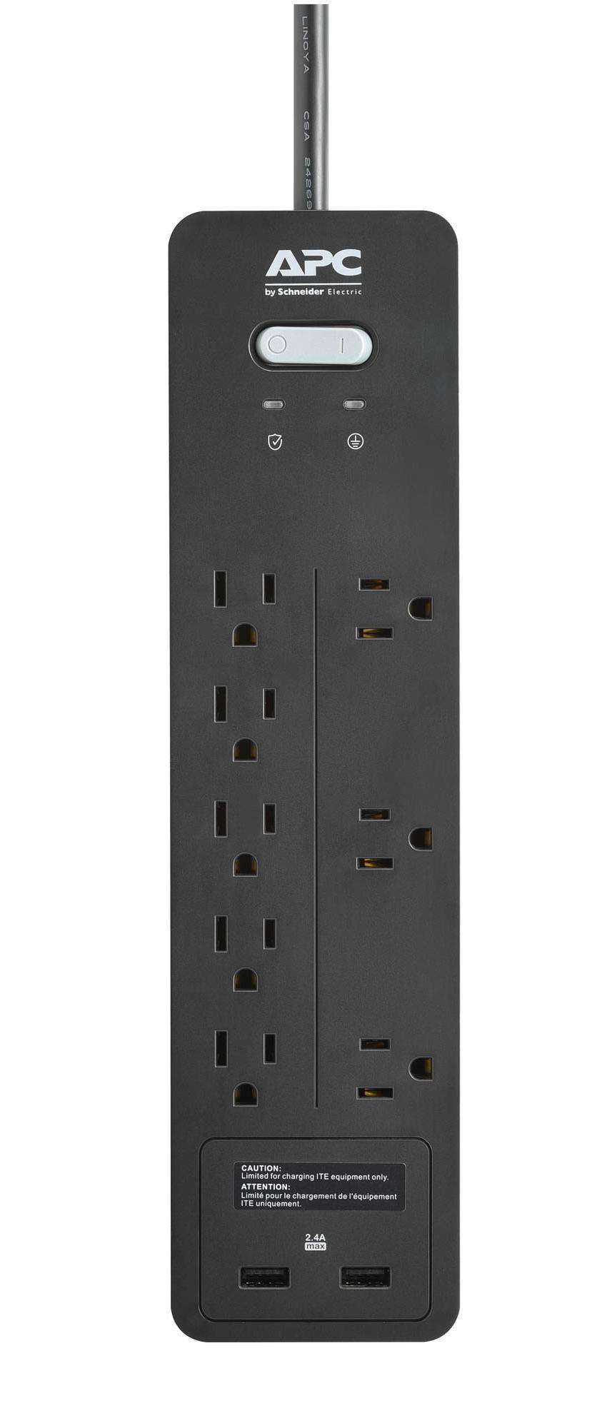 APC 8-Outlet Surge Protector Power Strip with USB Charging Ports, 2160 Joules, SurgeArrest Home/Office (PH8U2), Black