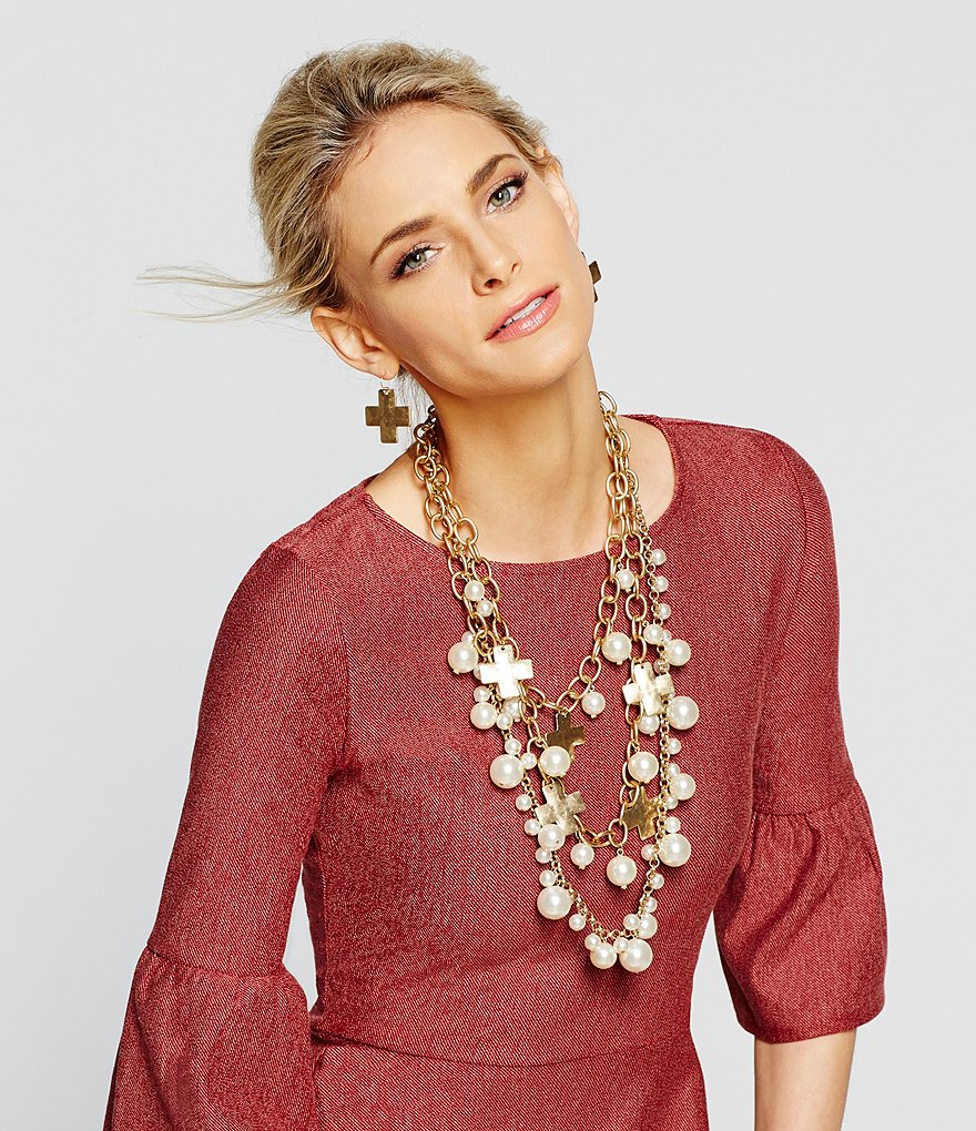 Southern Living Karen Cross Charm Multi-Strand Pearl Statement Necklace
