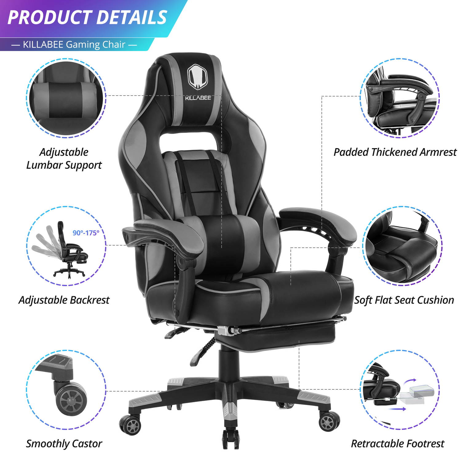 KILLABEE Massage Gaming Chair High Back PU Leather PC Racing Computer Desk Office Swivel Recliner with Retractable Footrest and Adjustable Lumbar Support