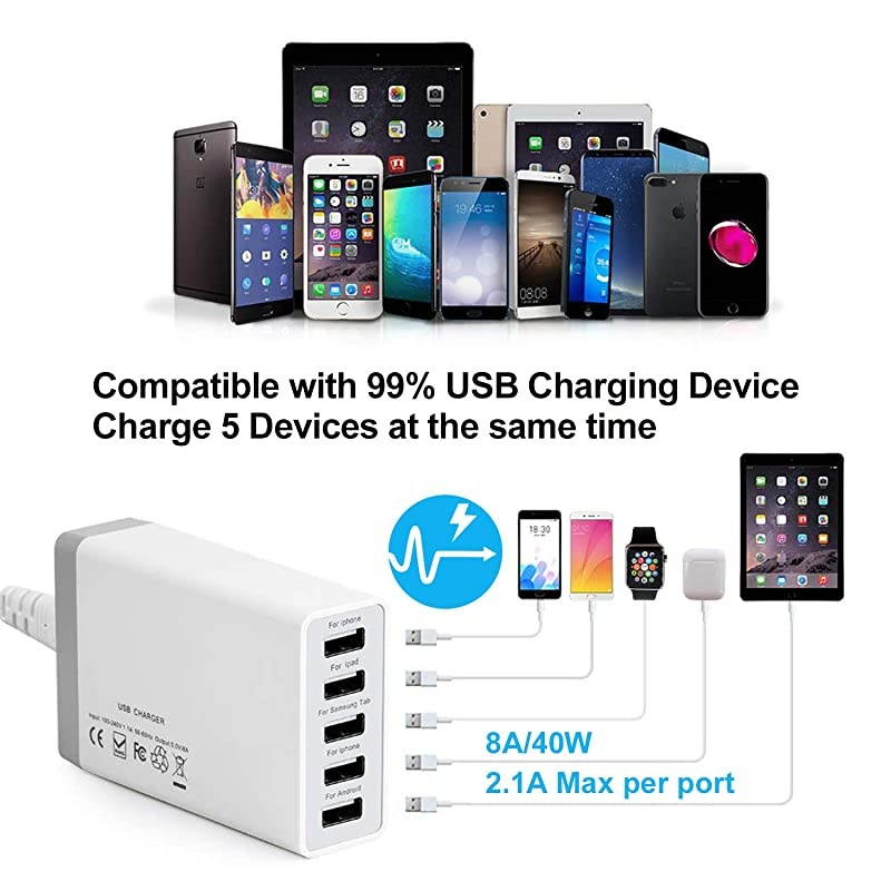Charging Station for Multiple Devices with 5 Port USB Charger 5 Charger Cables and AirPod Watch Stand Pezin Hulin Desk Wood Docking Stations Electronic Organizer for Cell Phone Tablet