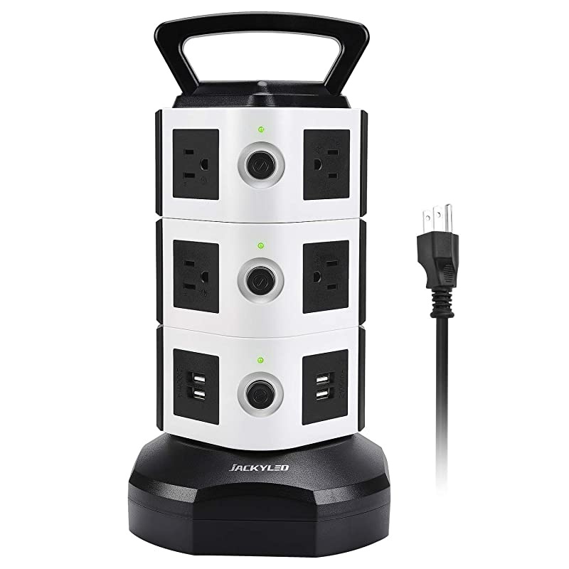 Strip Tower JACKYLED Surge Protector Electric Charging Station 3000W 13A 10 Outlets 4 USB Ports with 16AWG 65ft Heavy Duty Extension Cord for Home Office