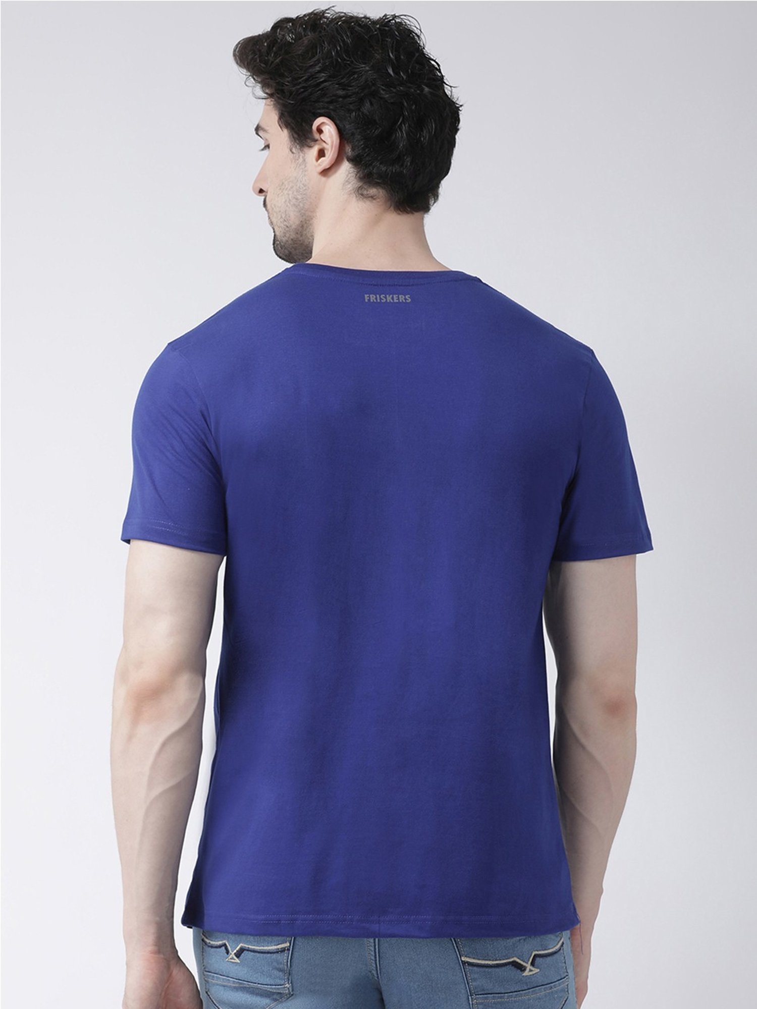Friskers Blue Cotton Slim Fit Printed T-Shirt