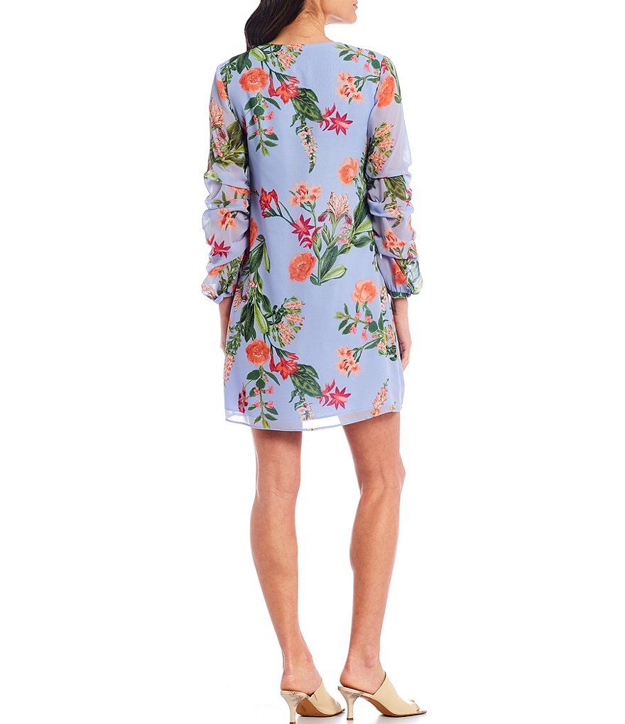 Vince Camuto Shirred Long Sleeve Floral Chiffon Shift Dress