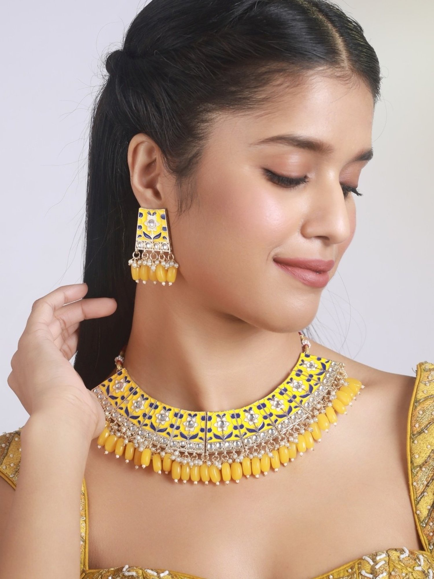 Aatmana Gold-Plated Yellow Meenakari & Pearl Beaded Necklace Set