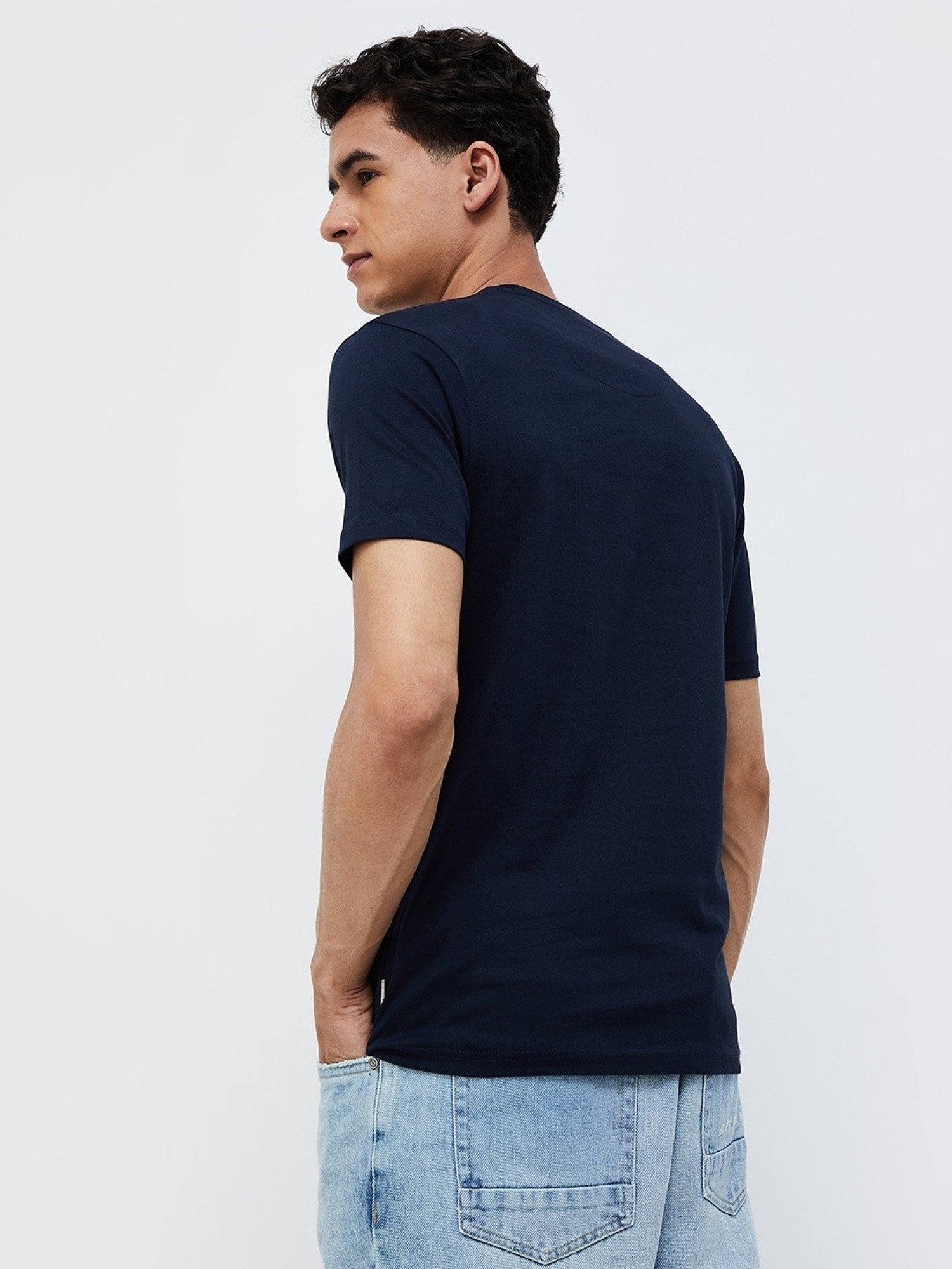 Forca Navy Cotton Regular Fit Printed T-Shirt