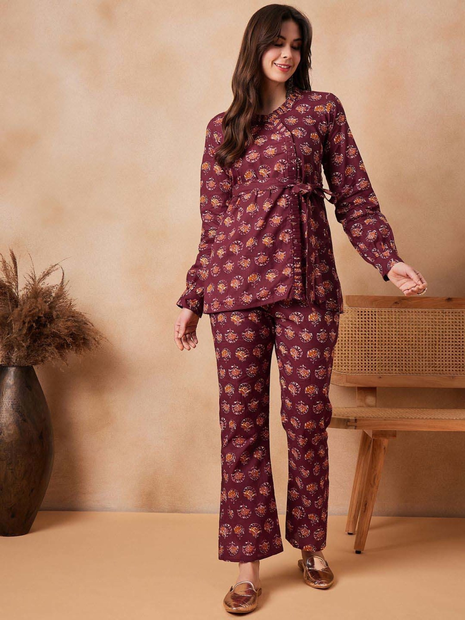 Inweave Maroon Cotton Printed Top & Pant Set