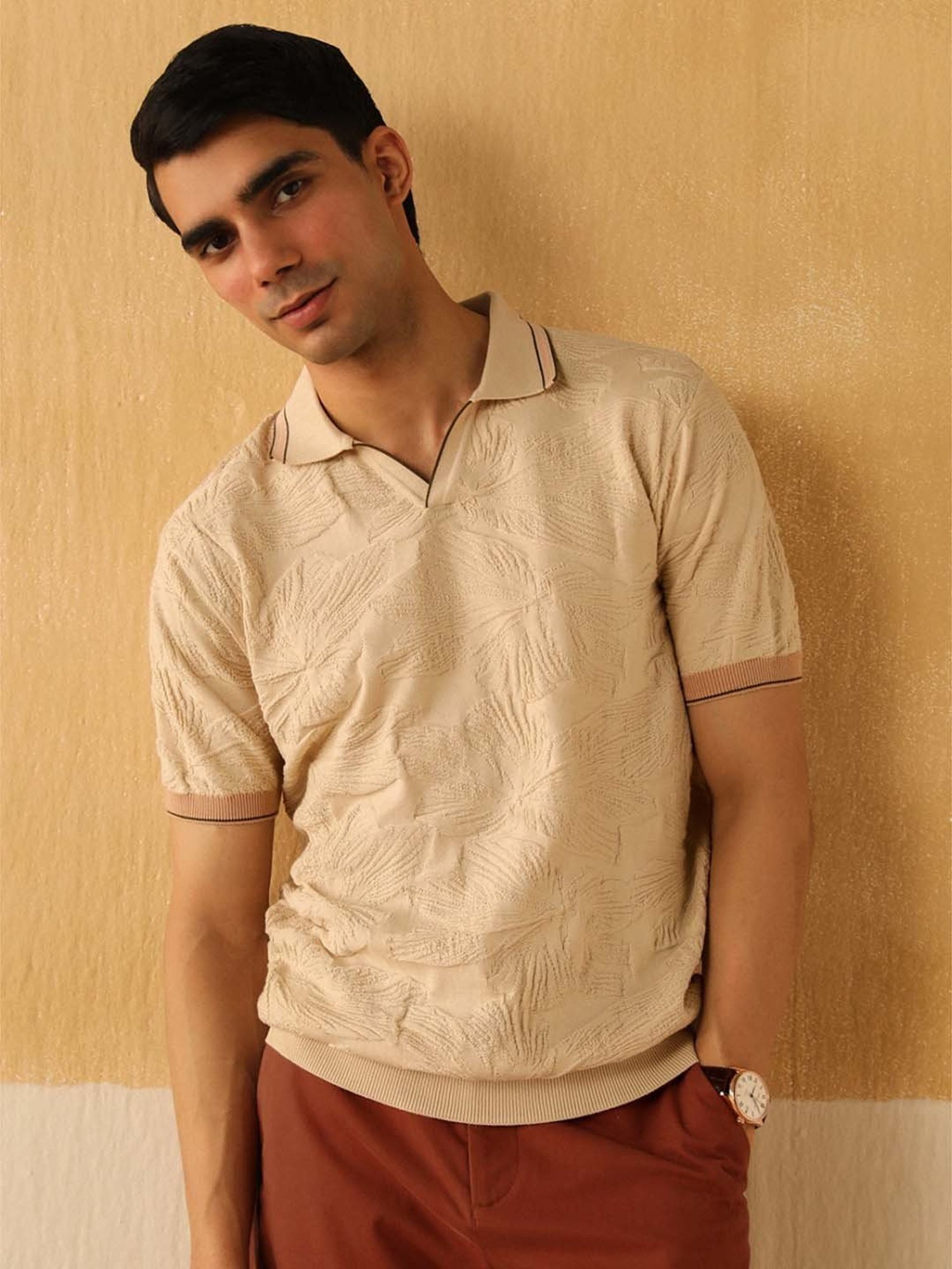 Andamen Off White Cotton Regular Fit Self Pattern Polo T-Shirt