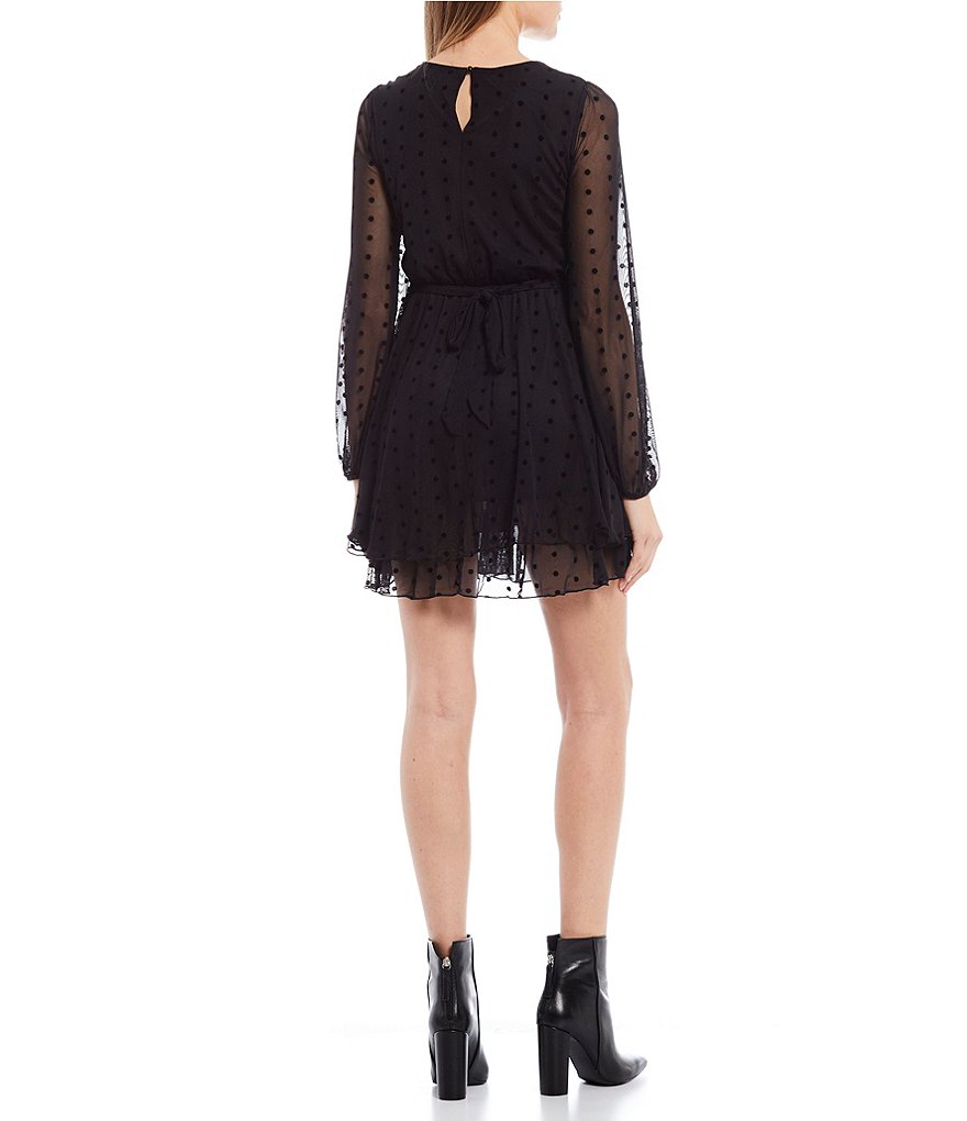 Allison & Kelly Long Sheer Sleeve Surplice Neck Flocked Dot Tiered Dress