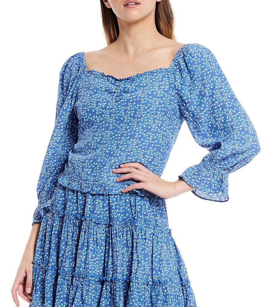 Skies Are Blue Ditsy Floral Print Sweetheart Neck Coordinating Long Puff Sleeve Ruffle Hem Top