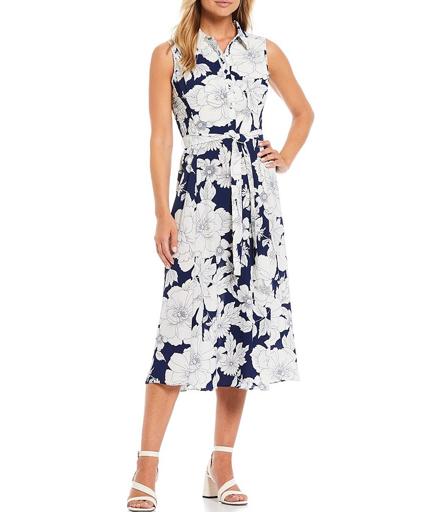 London Times Floral Printed Bubble Crepe Collared Shirtdress