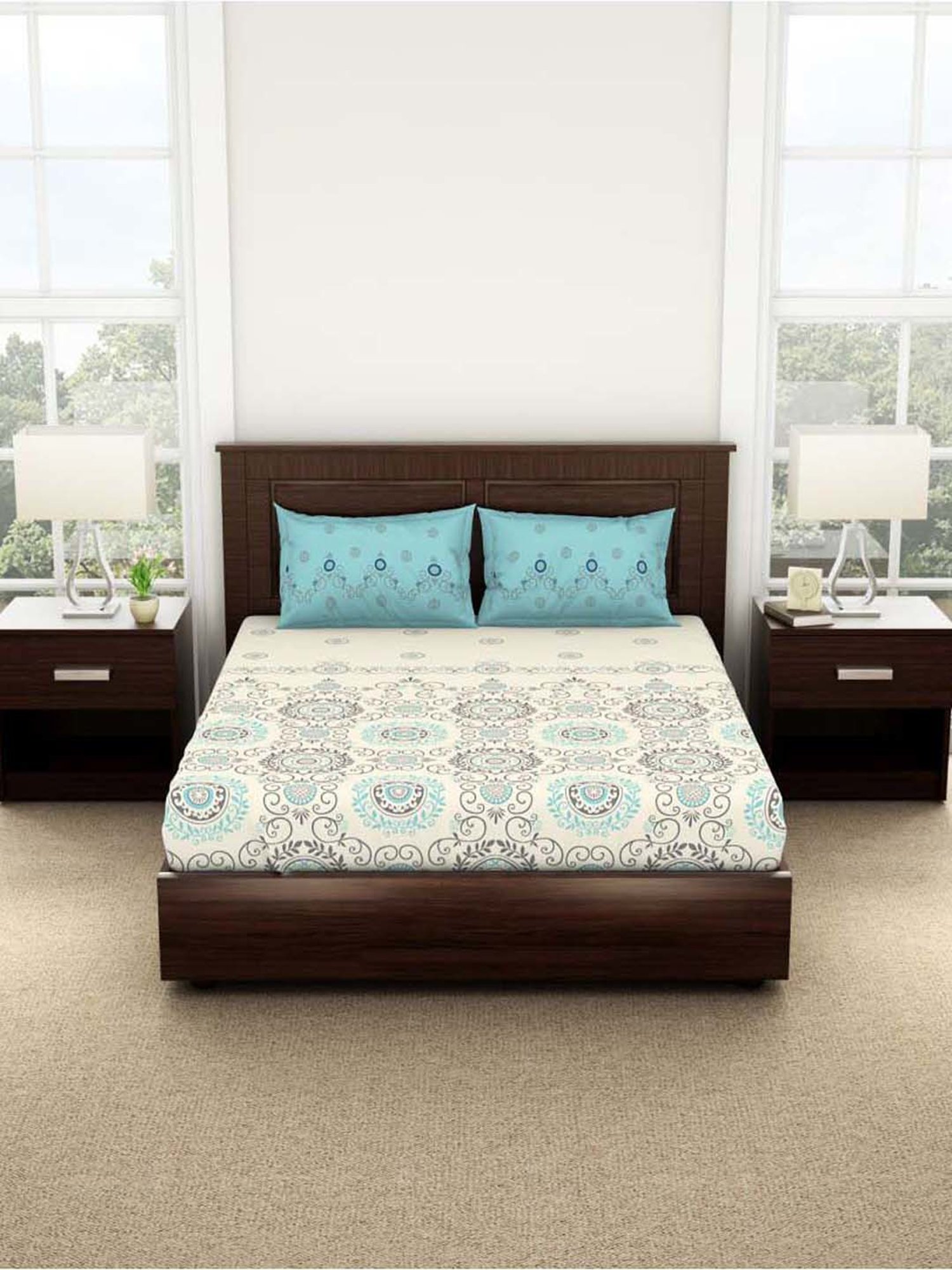 Spaces Vanilla Ice Cotton 144 TC Double Bed Sheet With Pillow Covers