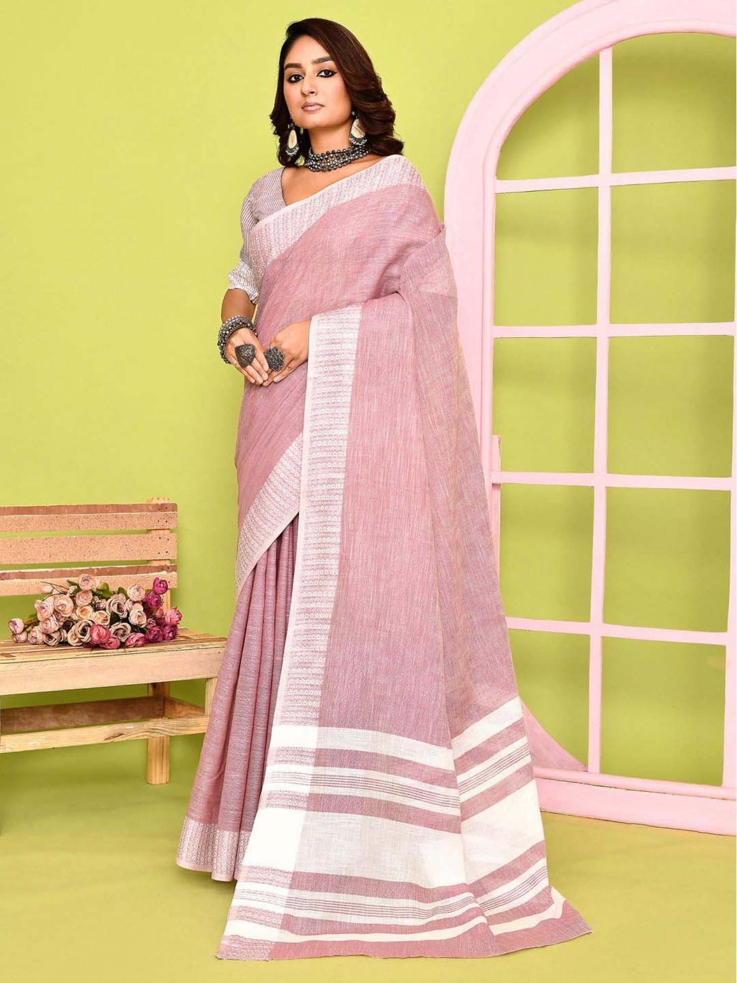 Elora Pink Silk Woven Saree With Unstitched Blouse
