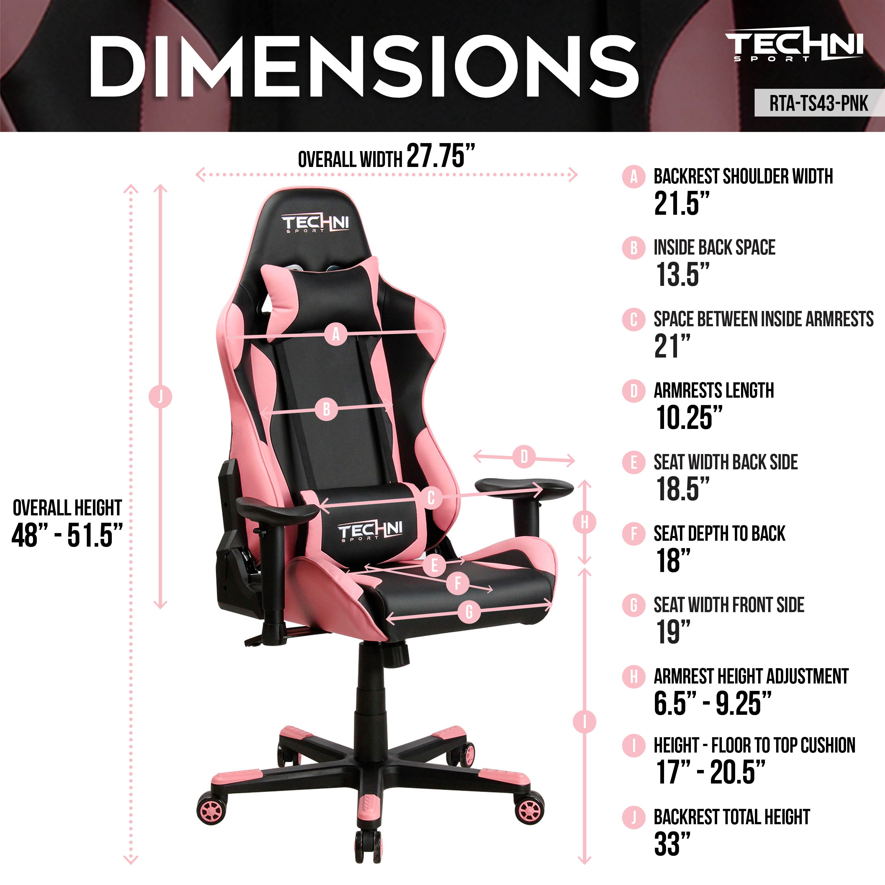 Techni Sport TS43 High Back Racing Chair with Padded Arms, PC Gaming Chair with Height and Tilt Adjustment, Pink