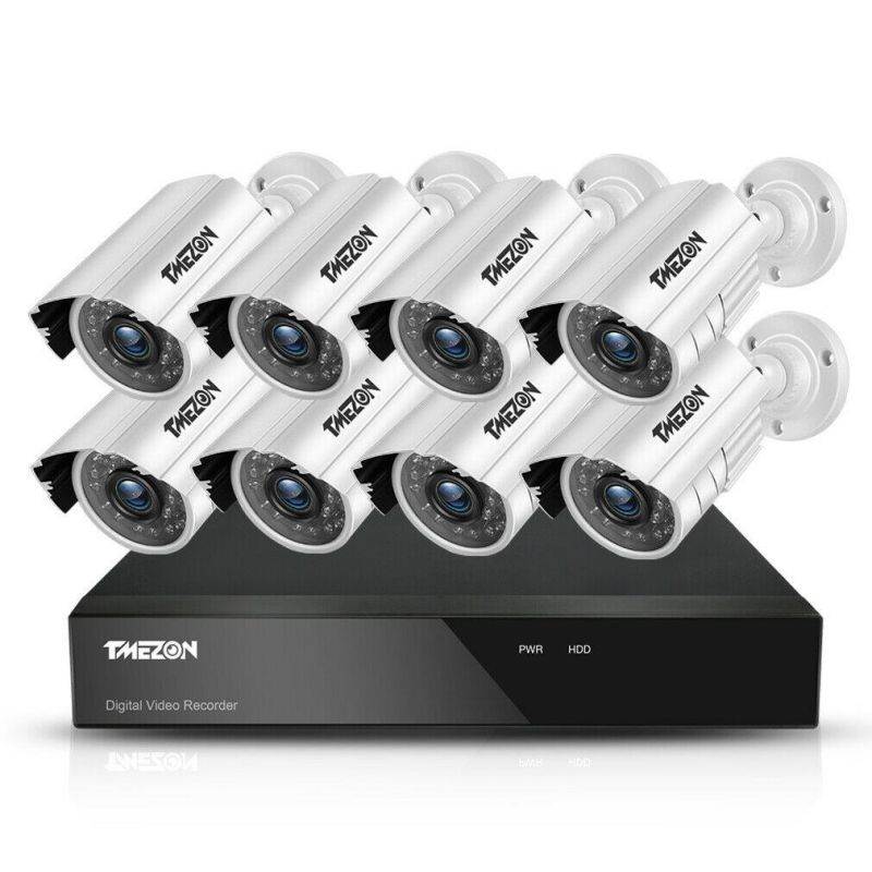 TMEZON  8CH Home Security Camera System 8 Channel 1080P Lite DVR and 8X 1080P HD Outdoor IP66 Weatherproof CCTV Cameras, Smart Playback, Instant Email Alert with Images