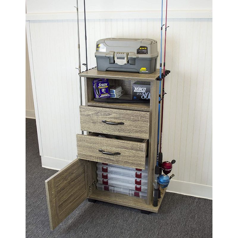 OS Home 703 2 Drawer 1 Shelf Fishing Storage and Organization Cabinet Holds 12 Fishing Rods and Accessories, Barn Wood Laminate