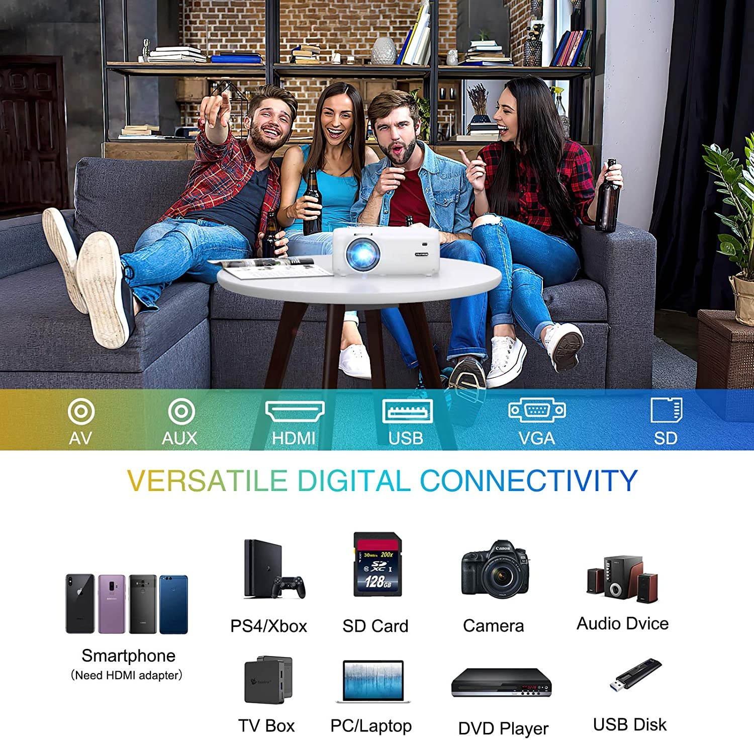 Vilinice BL-43 6000L Outdoor Movie Projector with 100 Inch Screen, 1080P and 240" Display Supported, Portable Video Projector Compatible with TV Stick, PS4, HDMI, USB, VGA