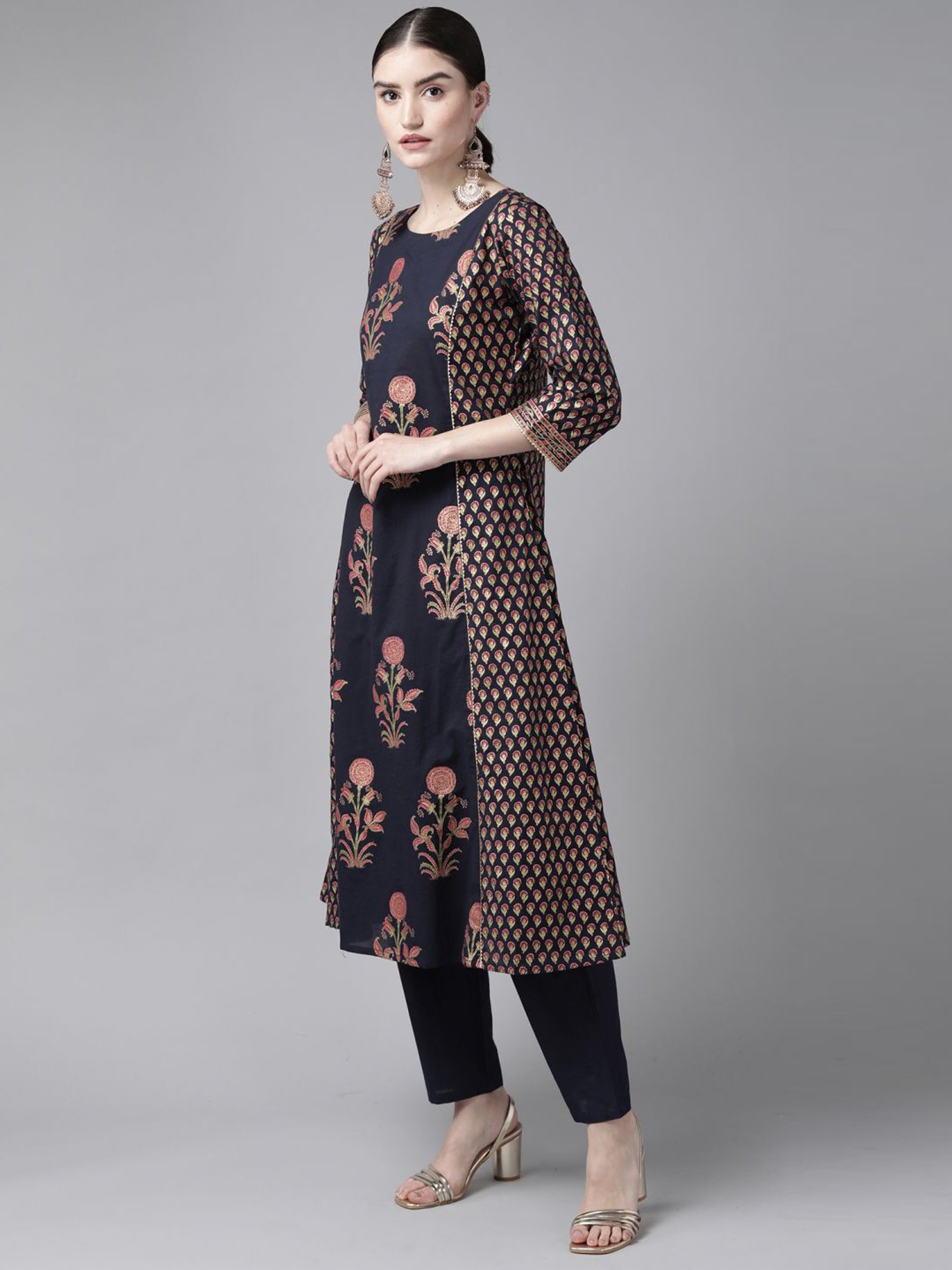 Indo Era Navy Printed Kurta Pant Set With Dupatta