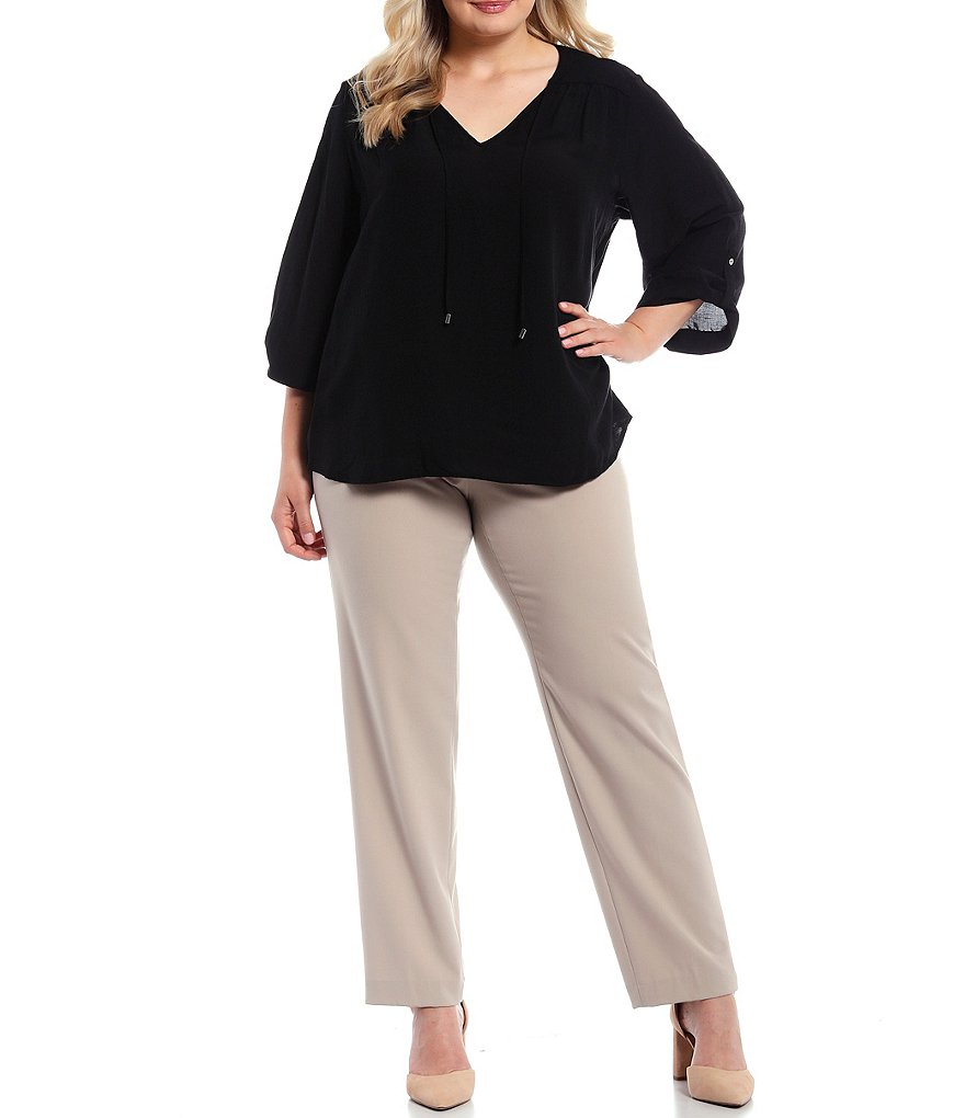 Calvin Klein Plus Size Solid Linen-Blend Tie V-Neck Detail 3/4 Roll-Tab Sleeve Top