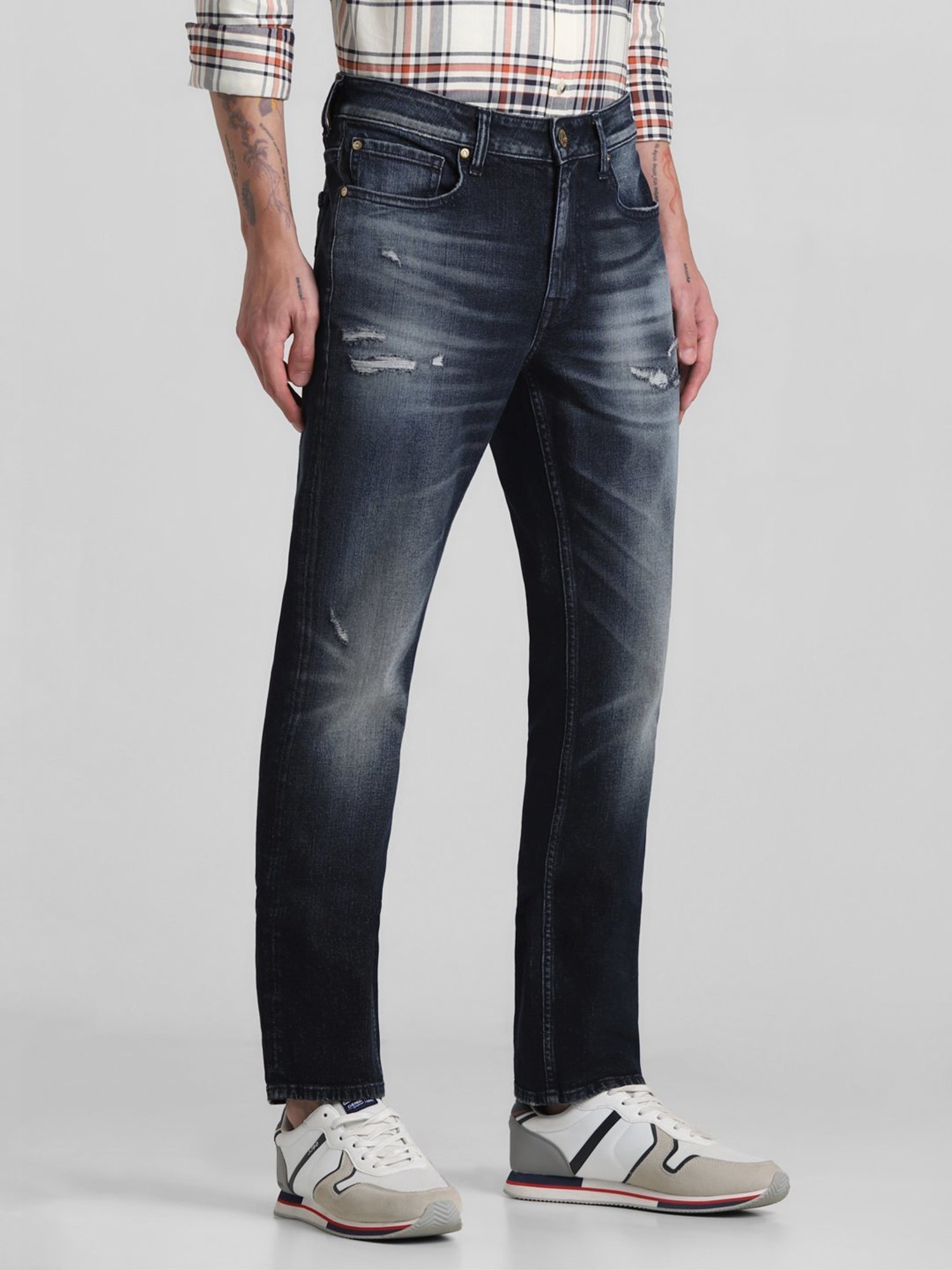 Jack & Jones Dark Blue Denim Cotton Regular Fit Distressed Jeans