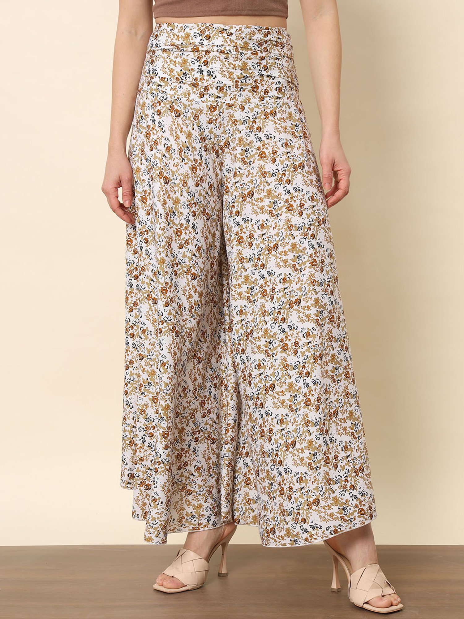 Trend Arrest Off White Printed Flared Fit High Rise Palazzos