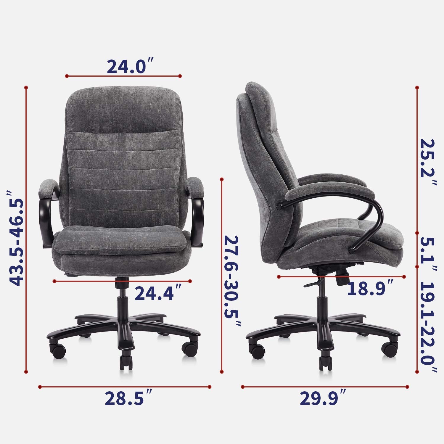 CLATINA Ergonomic Big & Tall Executive Office Chair with Fabric Upholstery 400lbs High Capacity Swivel Adjustable Height Thick Padding Headrest and Armrest for Home Office Gray 1 Pack