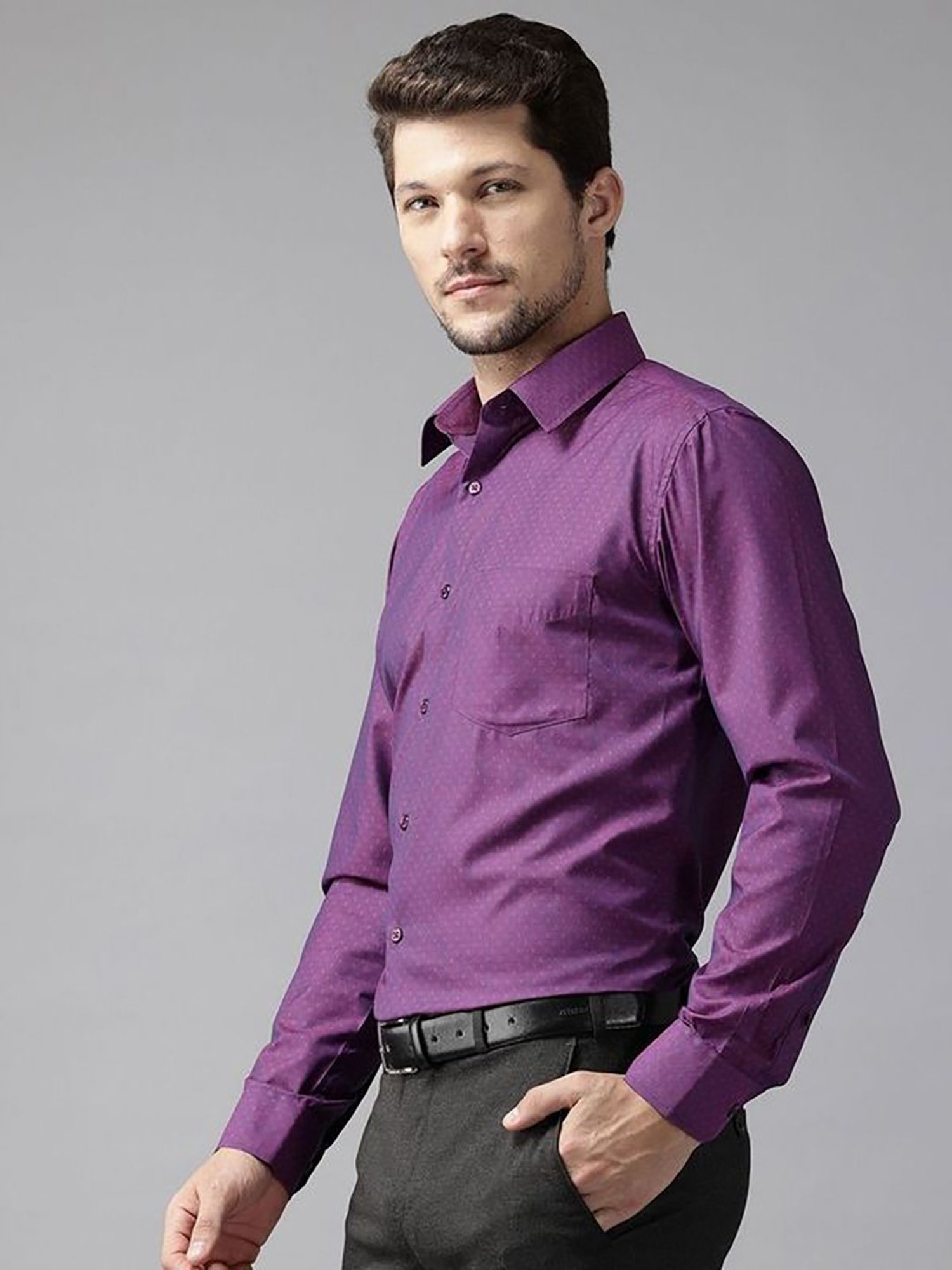 English Navy Purple Slim Fit Solid Shirts