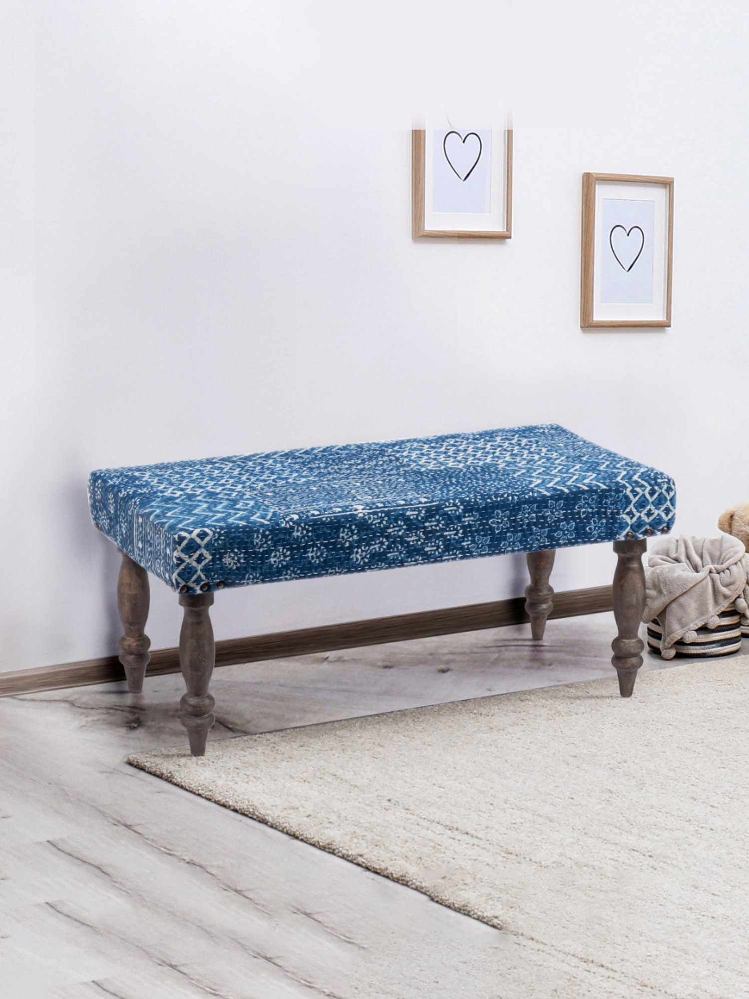 Ikiriya Bestone Printed Blue Wood 2 Seater Bench