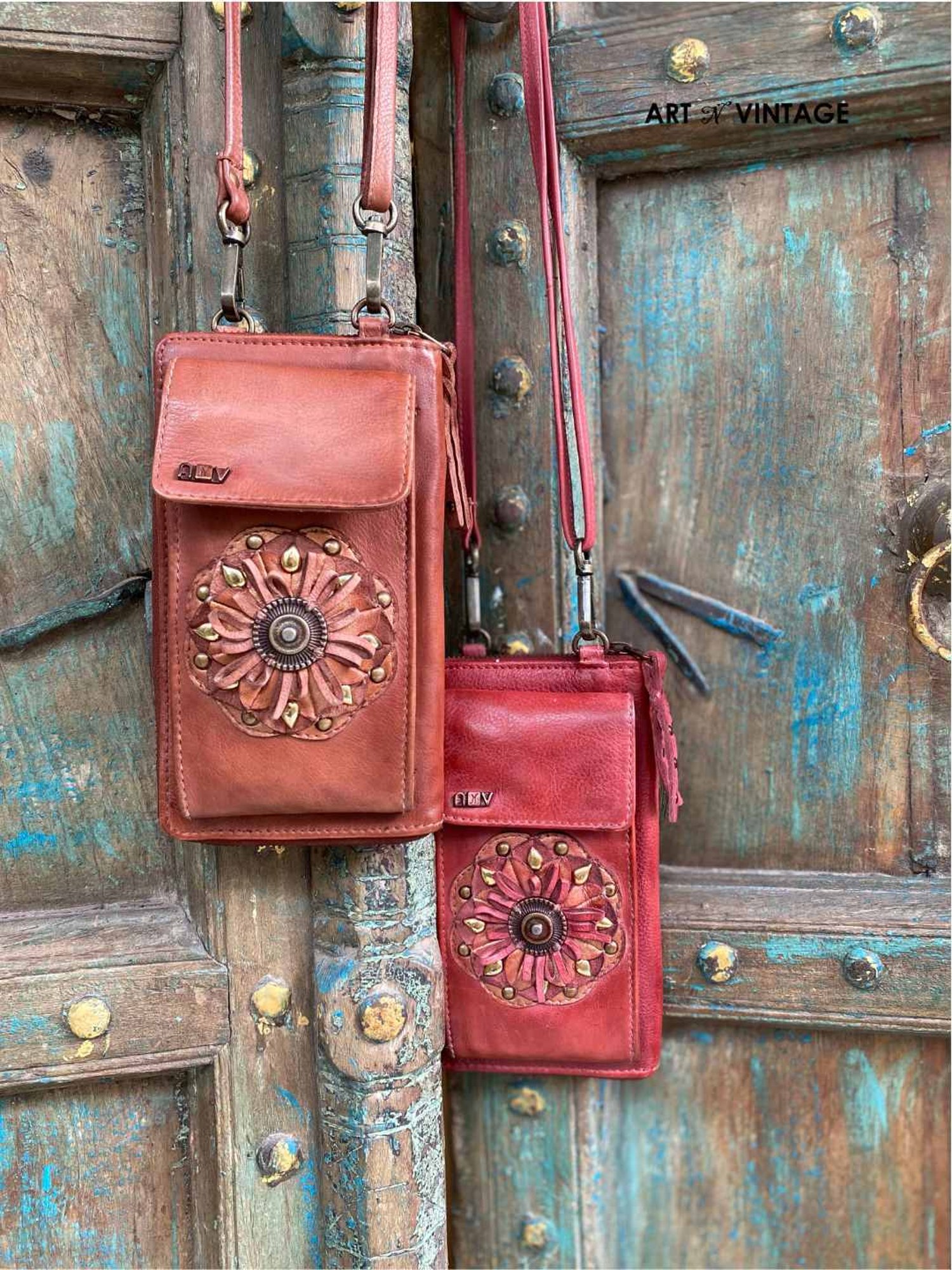 Art N Vintage Insignia Lord Red Leather Textured  Zip Around Wallet for Women