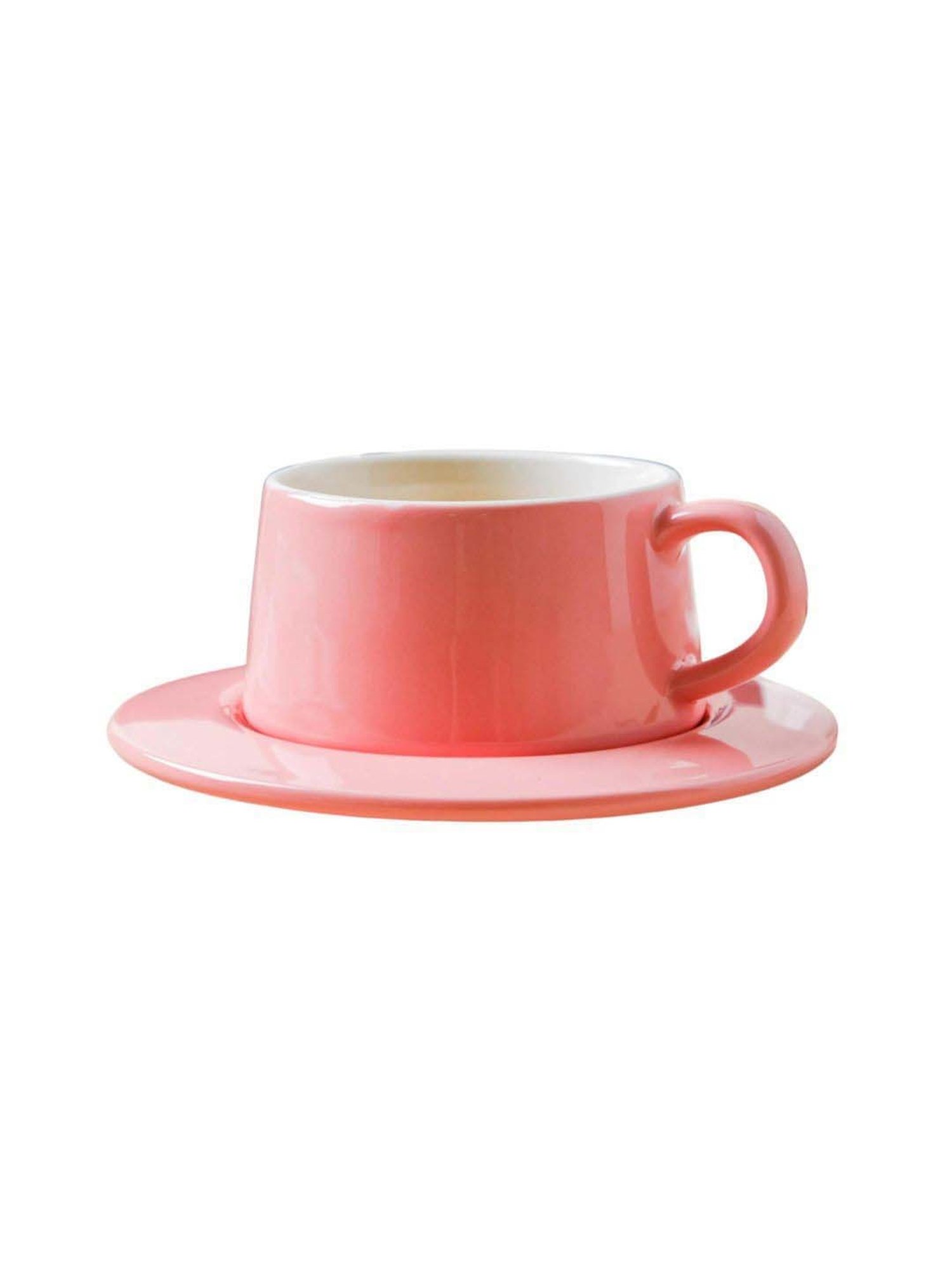 Nestasia Premium Quality Glossy Pink Cup With Round Handle & Saucer Set For Serving Hot Drinks
