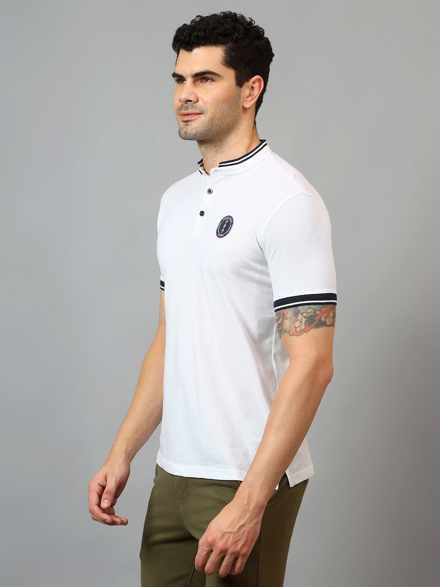 Cantabil White Regular Fit Mandarin Collar T-Shirt