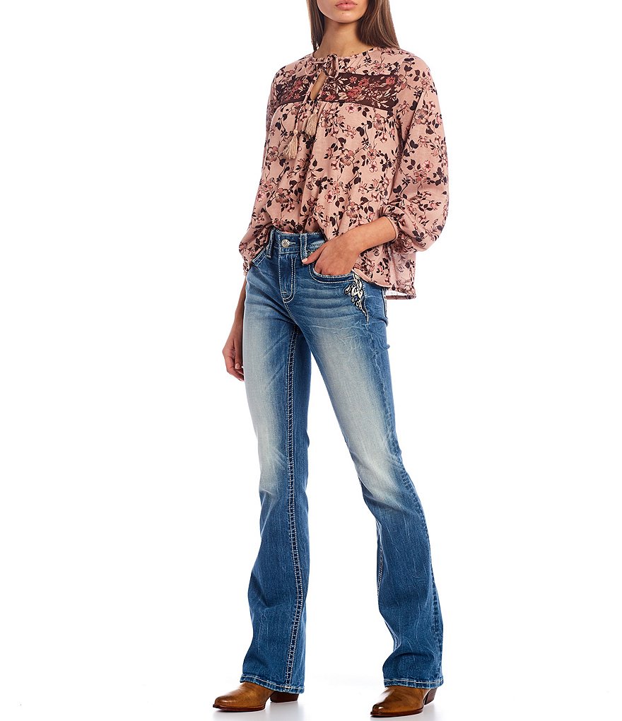 Miss Me Floral Embellished Flap Pocket Bootcut Jeans
