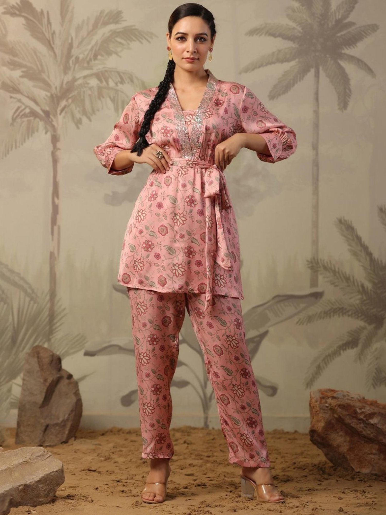 Artagai Beige Co-Ord Set with Notch Collar Kurta and Straight Pants