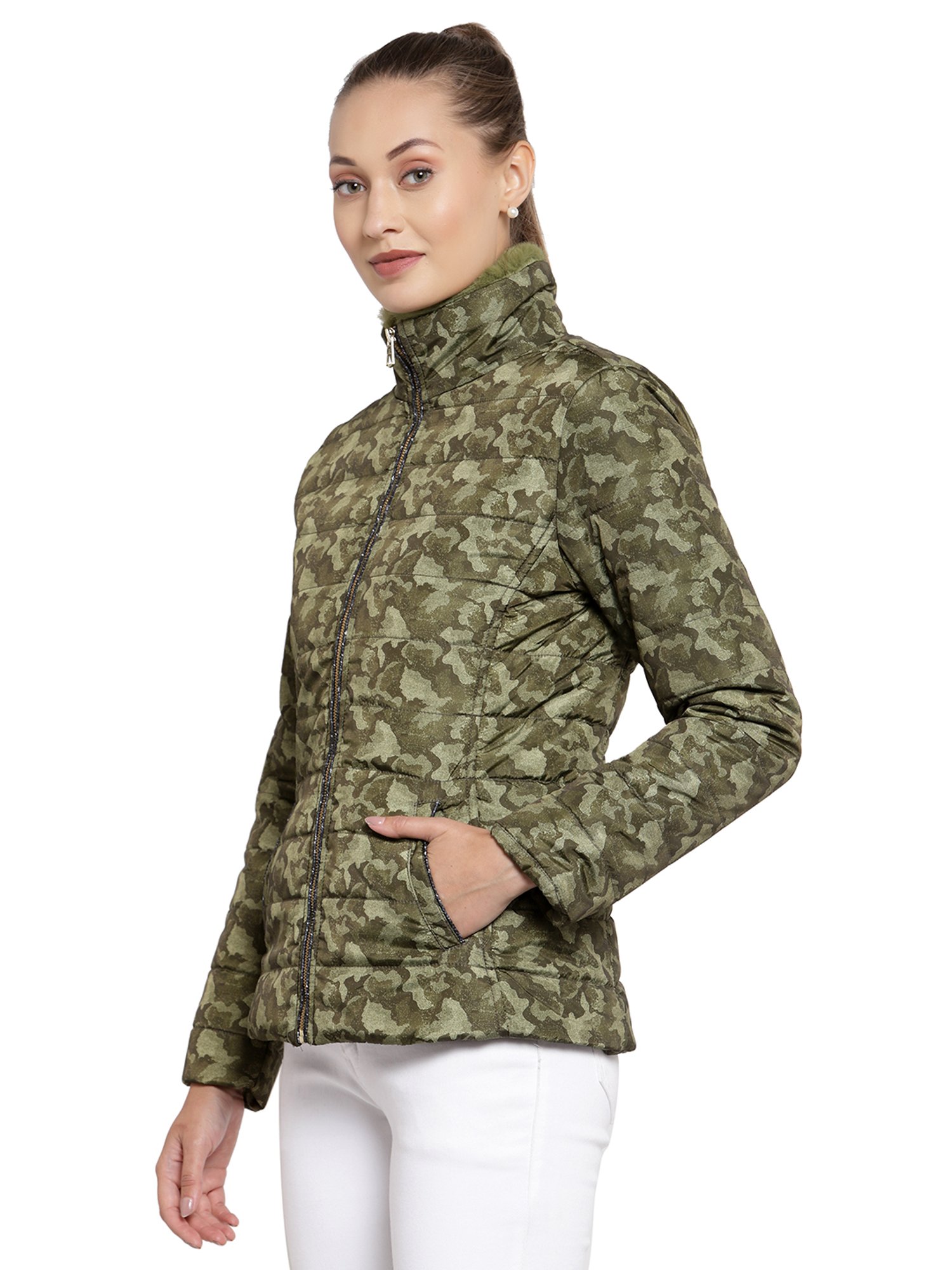 Juelle Olive Printed Full Sleeves Puffer Jacket