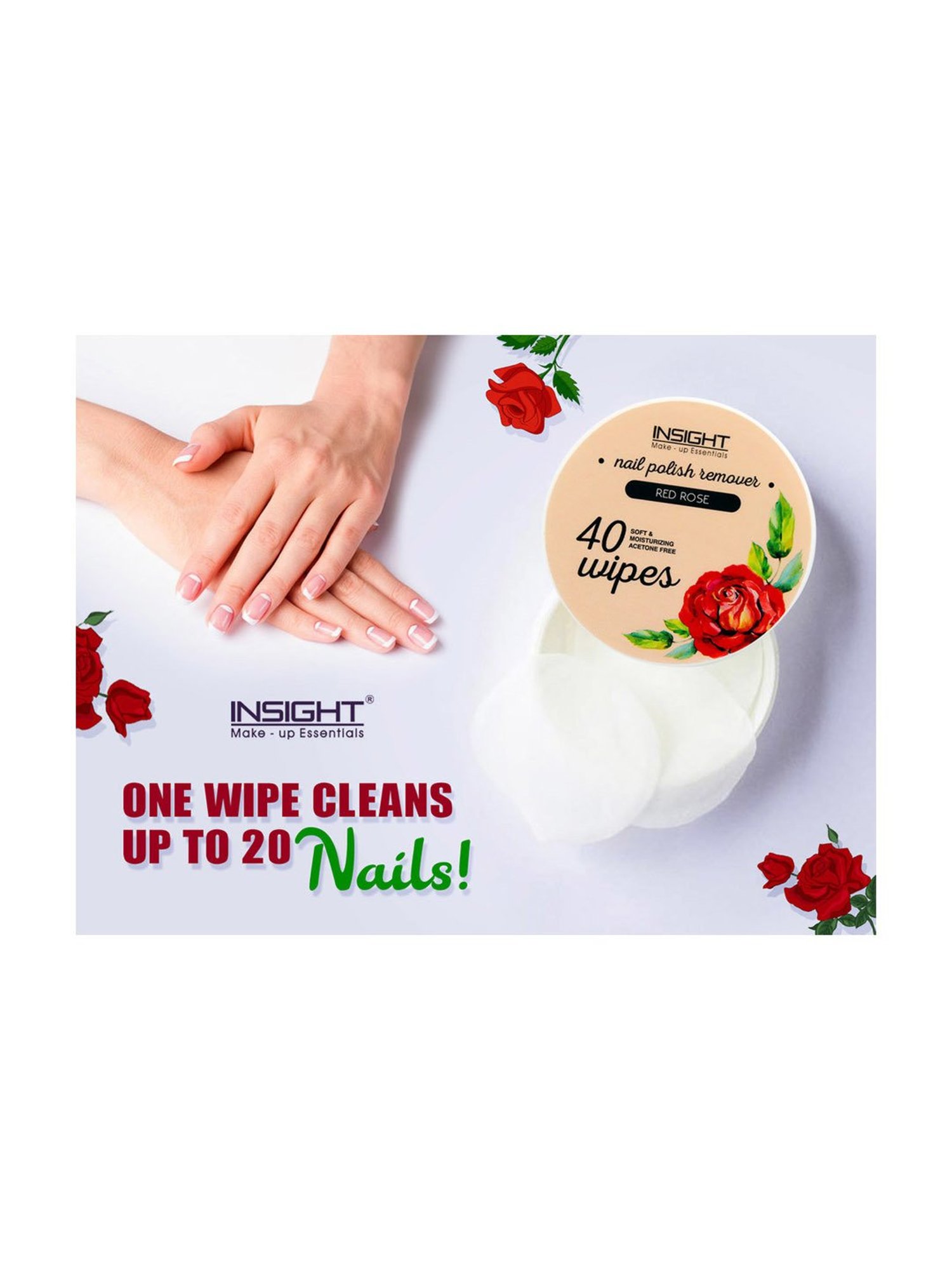 Insight Cosmetics Nail Polish Remover Wipes Red Rose - 40 Wipes