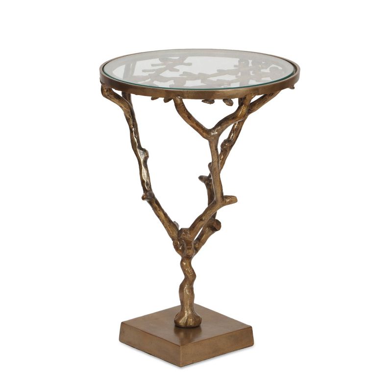 Broadwater Boho Glam Handcrafted Aluminum Floral Accent Table with Glass Top Raw Brass - Christopher Knight Home