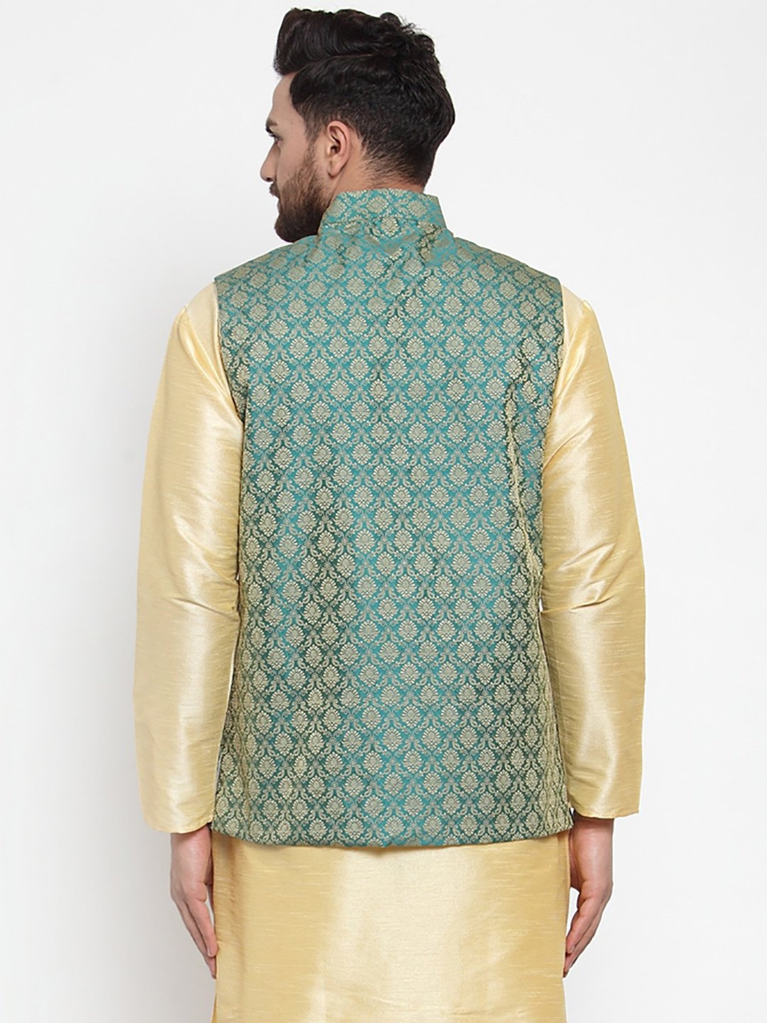 Jompers Green Regular Fit Self Design Nehru Jacket