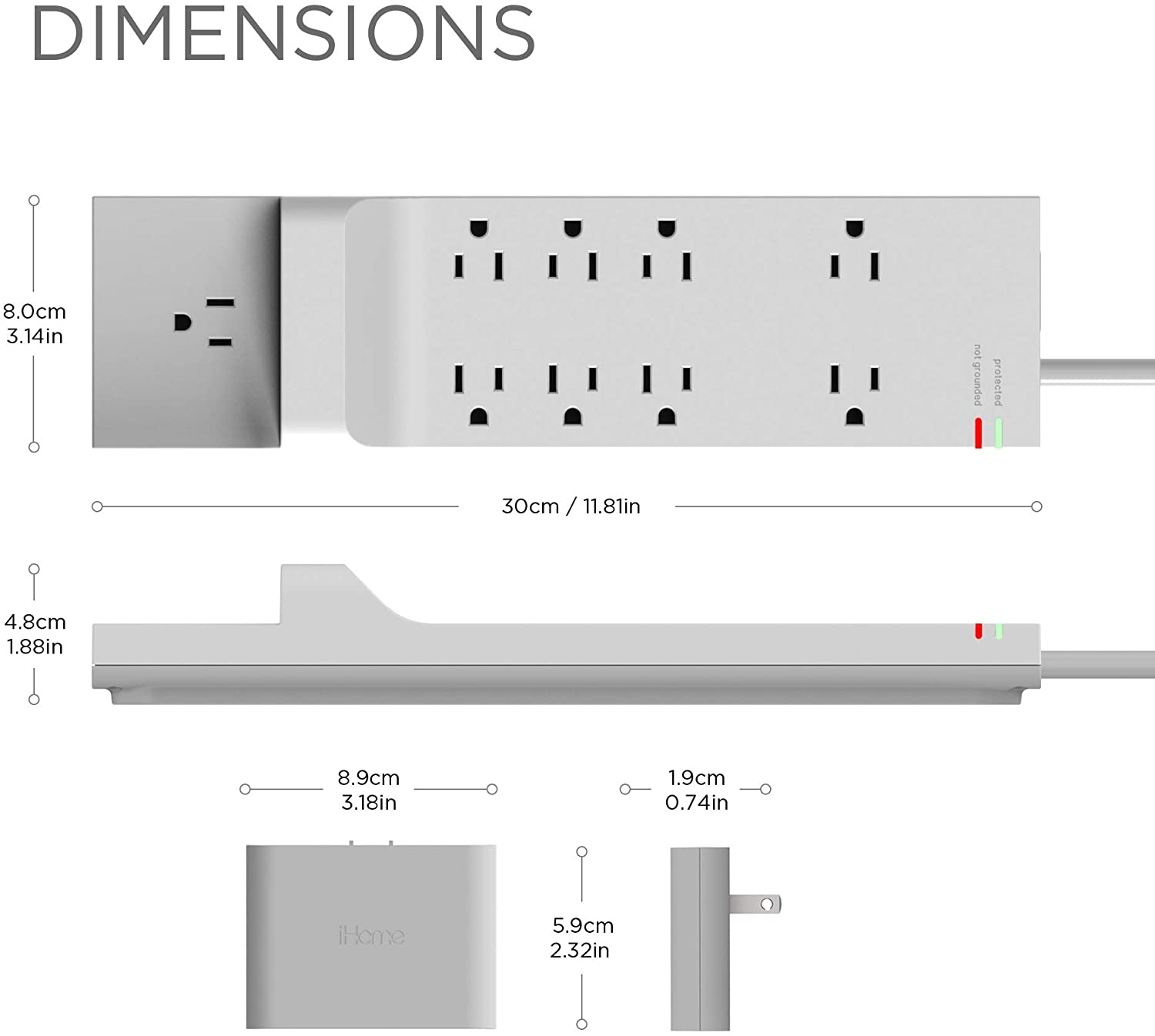 iHome Power Strip: AC Pro + Surge Protector - Outlet Extender with 9 AC Outlets, Detachable 4 Port 5.4A USB Wall Charger, 6 ft Extension Cord and 3,000 Joule Surge Protection