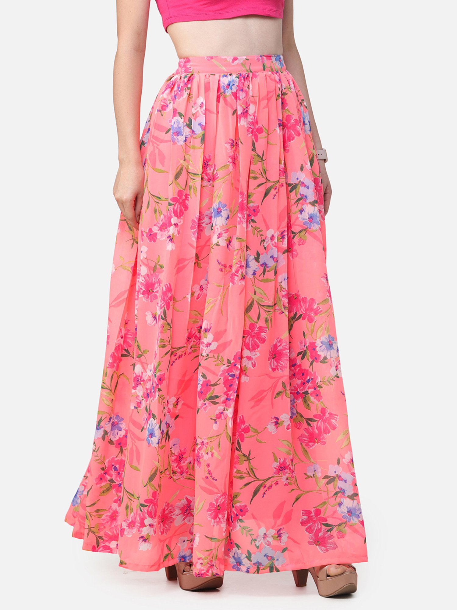 Scorpius Peach Georgette Floral Print Skirt
