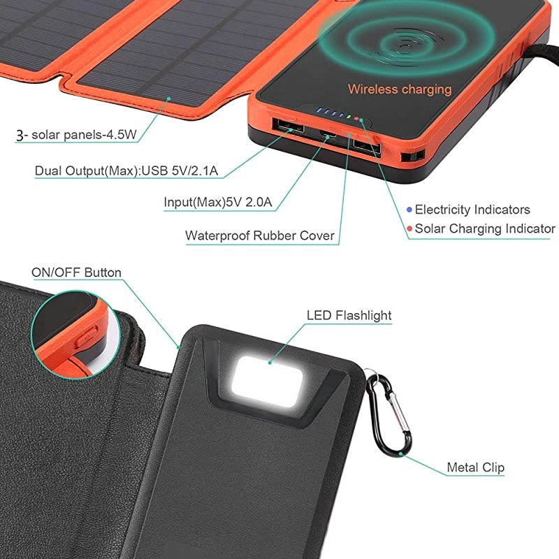 Power Bank,Portable Charger,Qi Wireless Charger 20000mAh with Dual 2.1A USB Outport,Waterproof External Battery Pack with Flashlight for iPhone,ipad, Cell Phone,More(Shockproof&Dustproof)