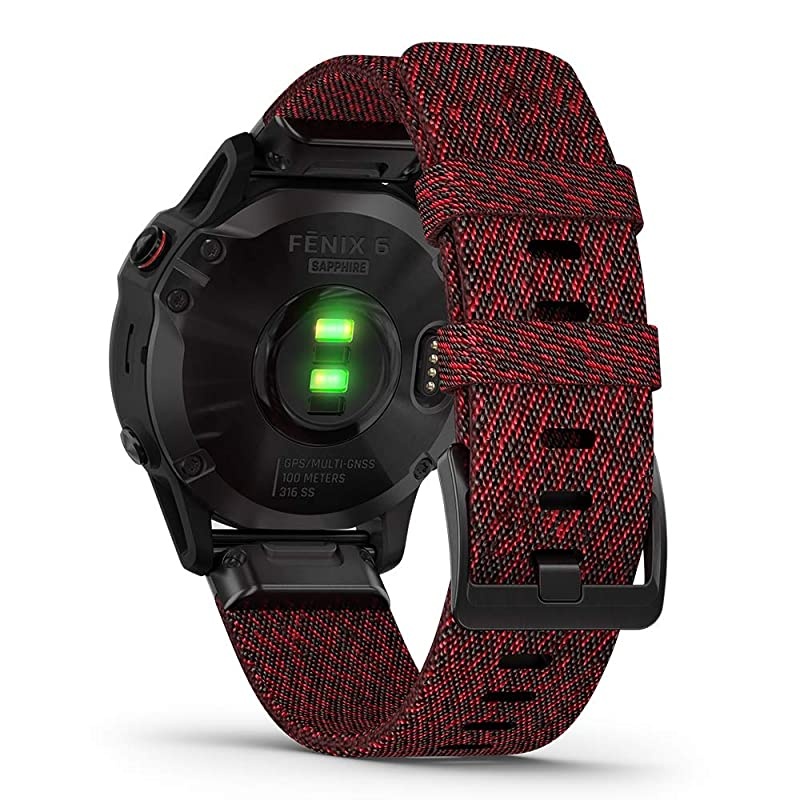 Garmin Fenix 6 Sapphire (Black with Red Nylon Band) Gift Box Bundle | +HD Screen Protectors, Extra Band,  Portable Charger, Adapters & Hard Case | Multisport Fitness Watch
