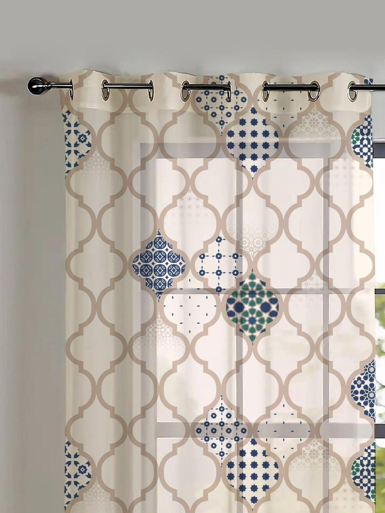 SPACES DRAPE STORY Elegent Digital Print Beige & Blue Polyester 5 ft Window Curtains - Set of 2