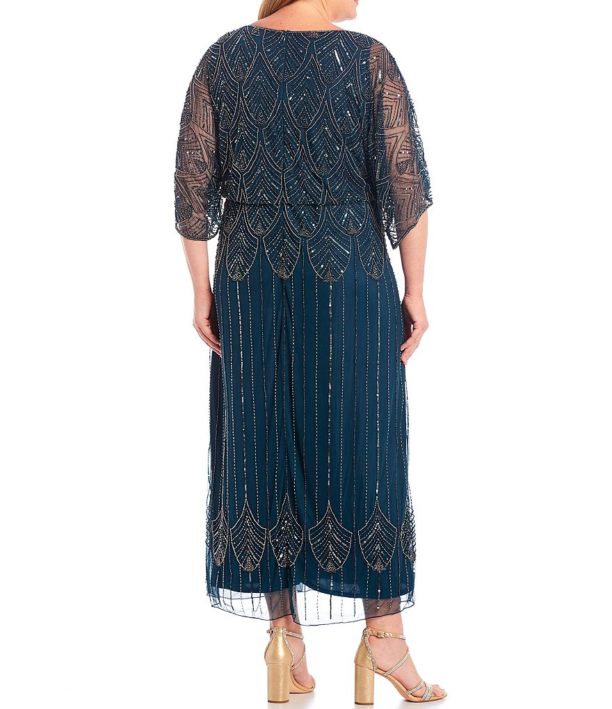 Pisarro Nights Plus Size Boat Neck 3/4 Sleeve Beaded Blouson Cold Shoulder Gown