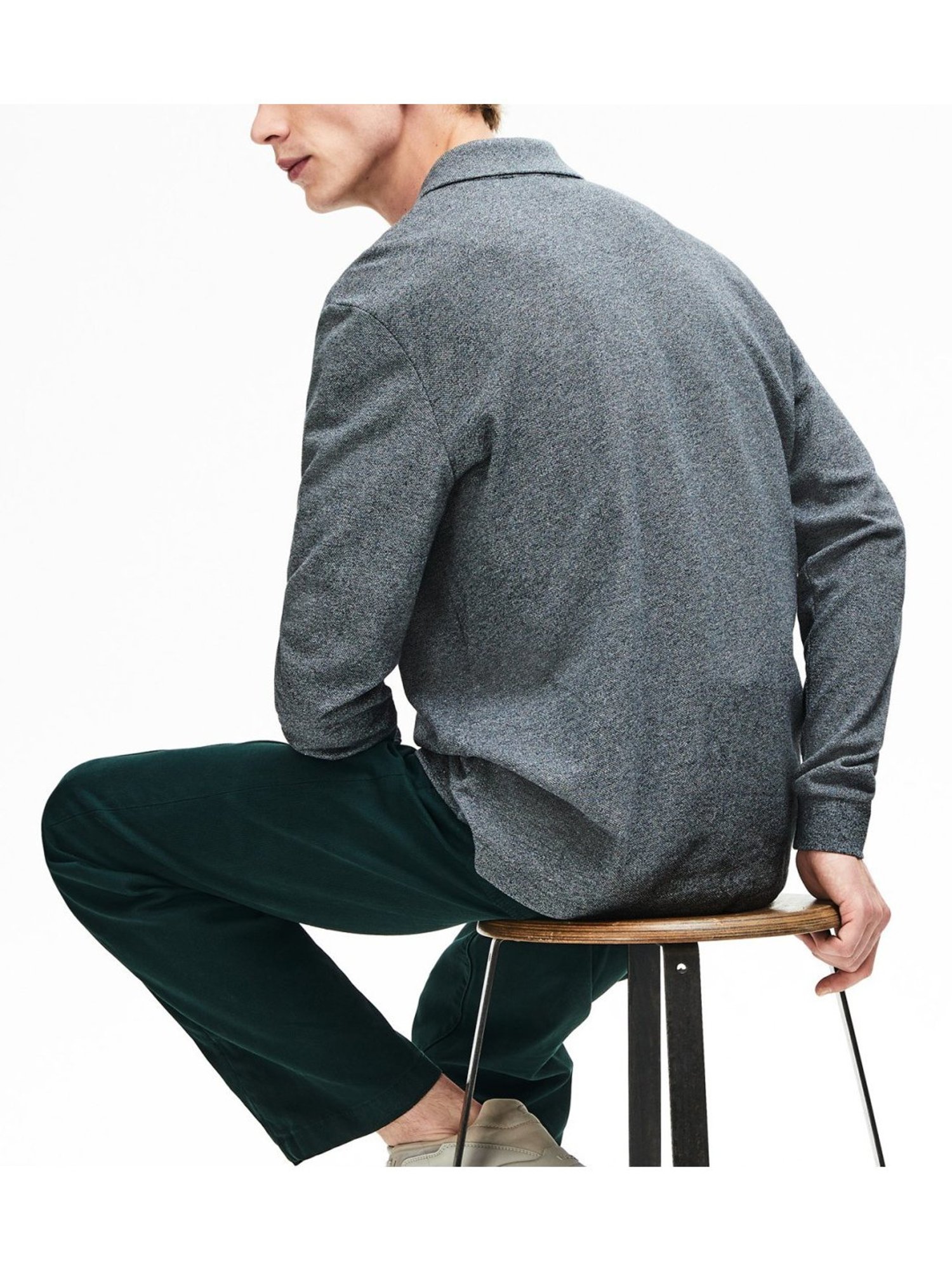 Lacoste Grey Long-Sleeve In Marl Petit Pique Boxy Fit Polo T-Shirt