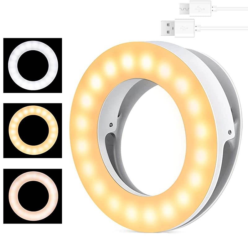 Selfie Ring Light,  Rechargeable Portable Clip on 40 LED Circle Light with 3 Light Modes for iPhone/Android Smart Phone Photography, Camera Video Recording, Vlog