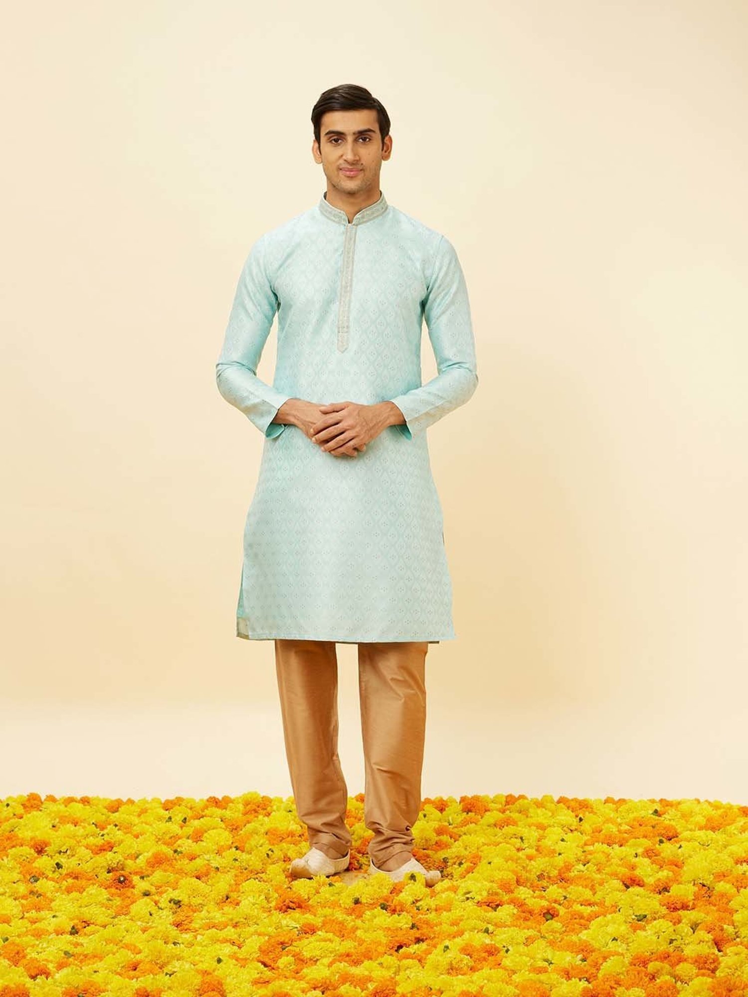 Manyavar Blue & Gold Regular Fit Self Design Kurta & Churidar Set