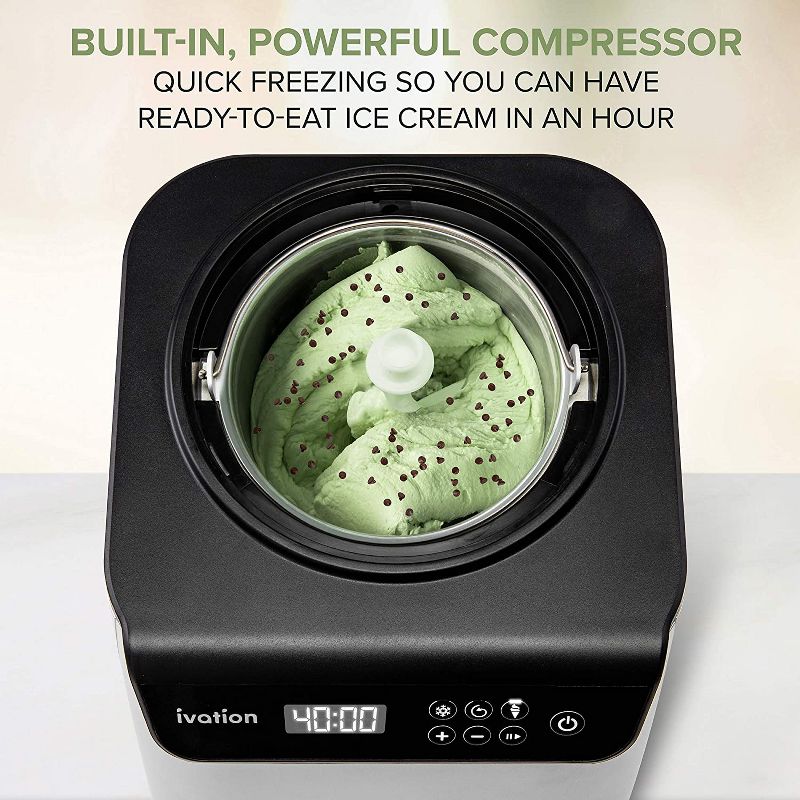 Ivation Compressor Ice Cream Maker Machine, Automatic Instant Cool Gelato Maker, No Pre-freezing Necessary, Stainless Steel, LCD Screen, Digital Timer, Removable Bowl Clear Lid, Recipe Book