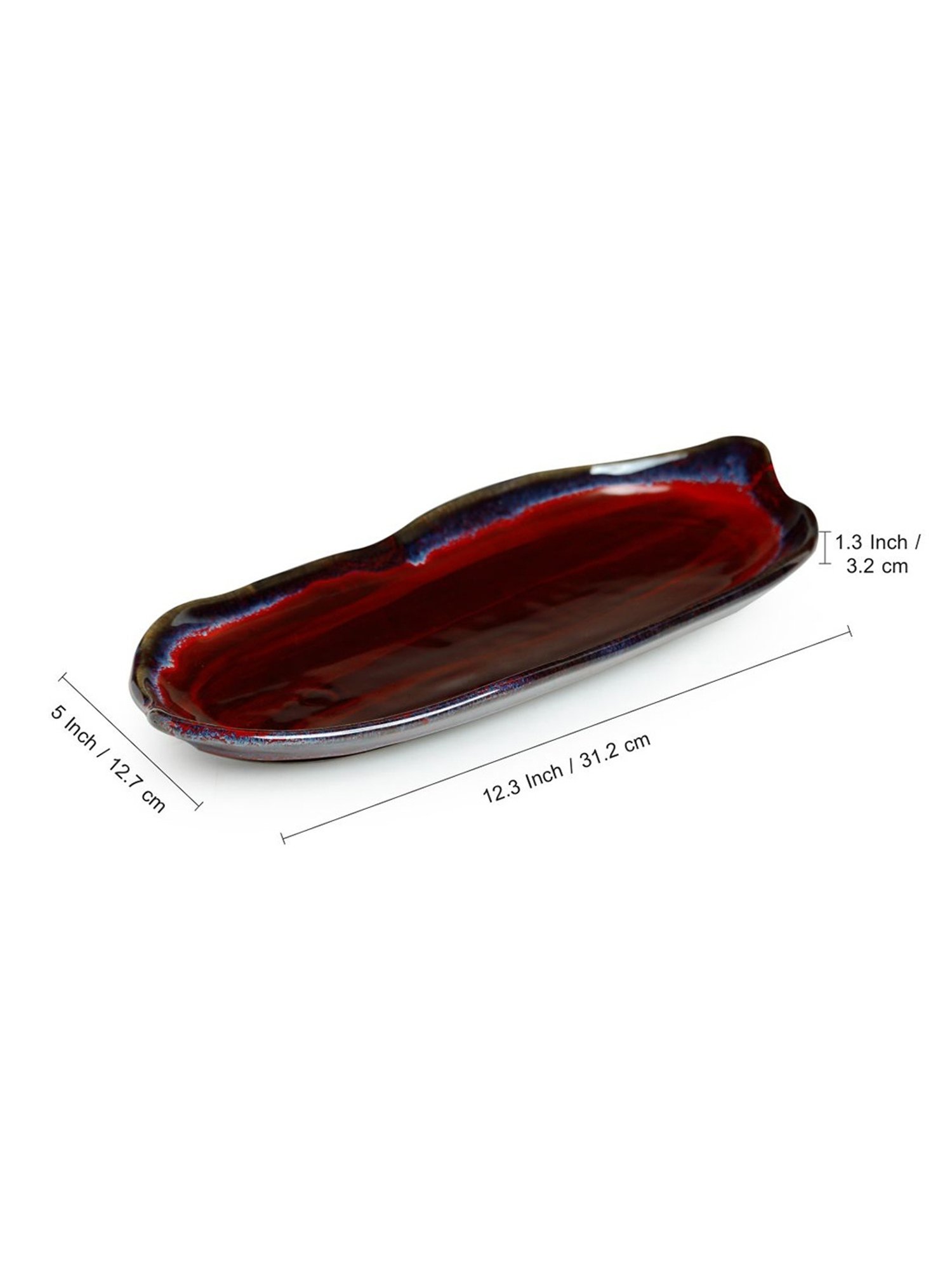 ExclusiveLane 'Crimson Canoe' Hand Glazed Studio Pottery Ceramic Serving Platter (Set Of 2)