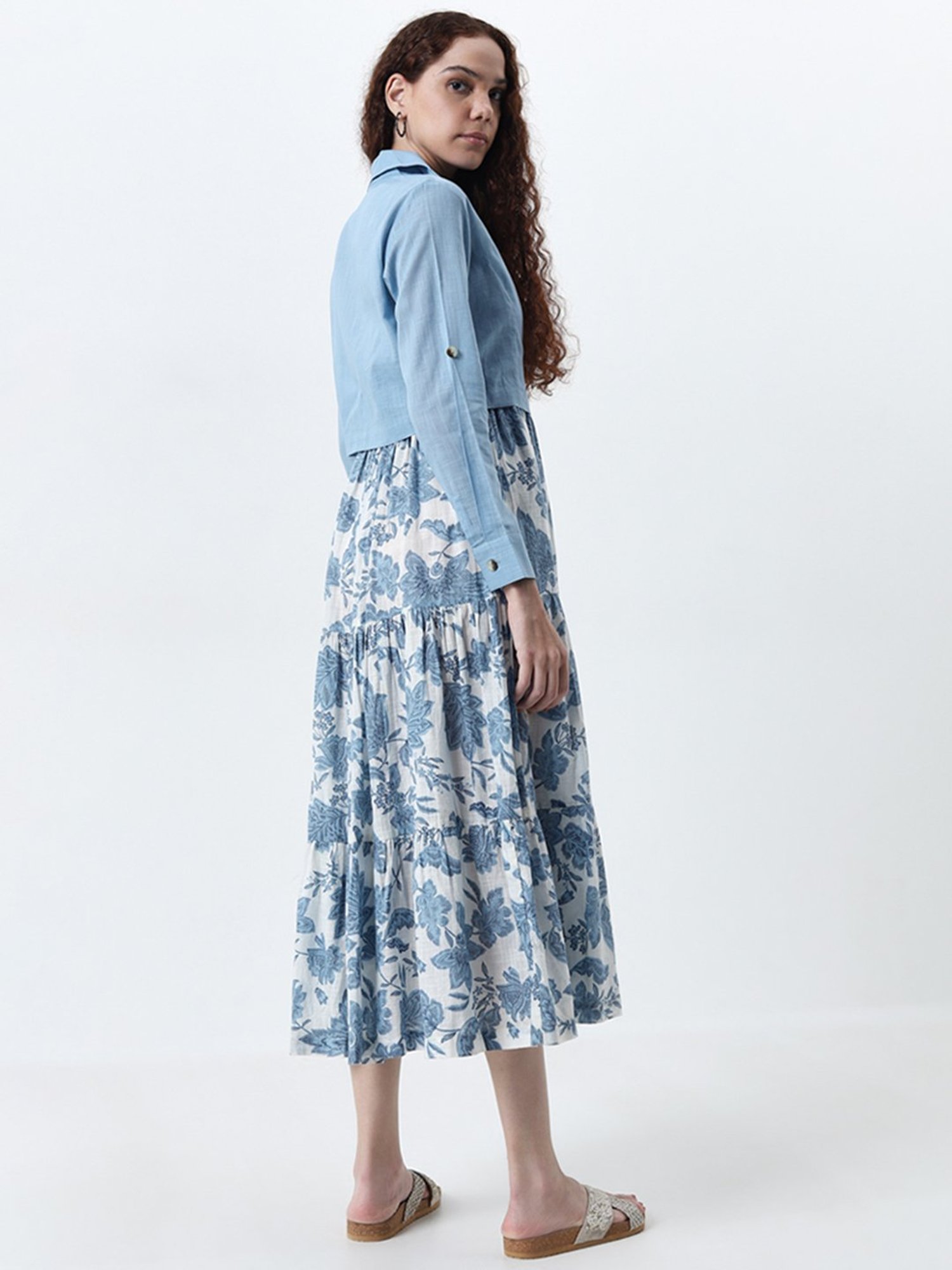 Bombay Paisley by Westside Dusty Blue Tiered Cotton Dress with Jacket