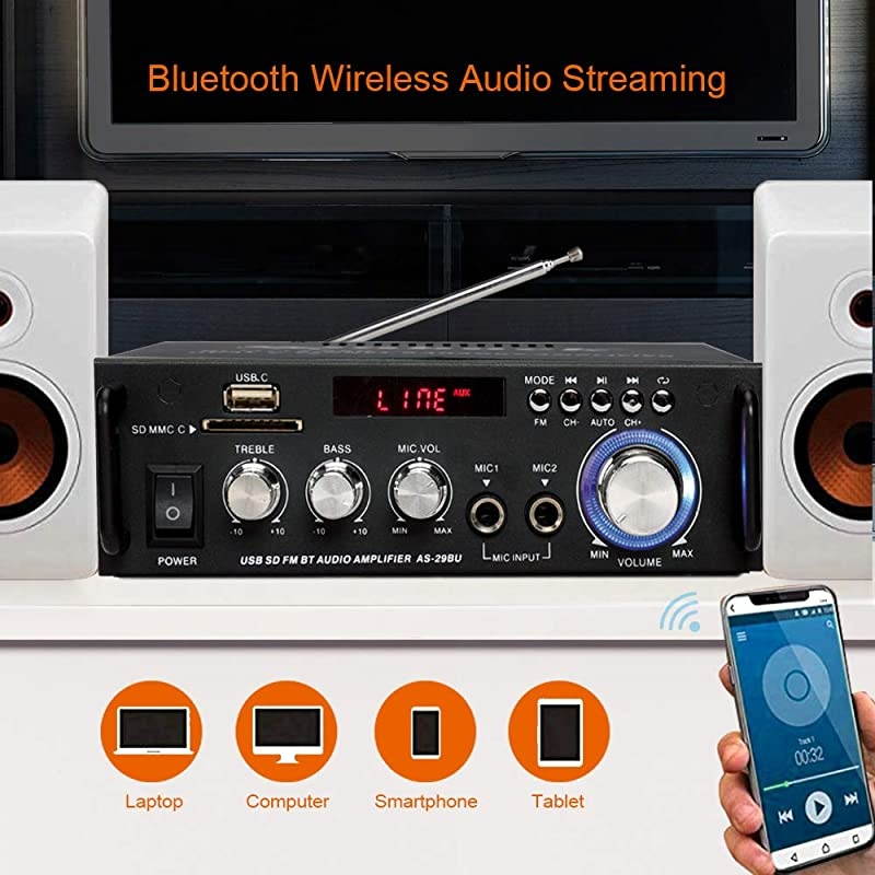 Karaoke Wireless Bluetooth Stereo Amplifier System 180W Dual Channel Sound Power Audio Receiver wUSB SD Card FM Radio 2 Mics in for Home Theater Speakers with Remote ControlAS29BU