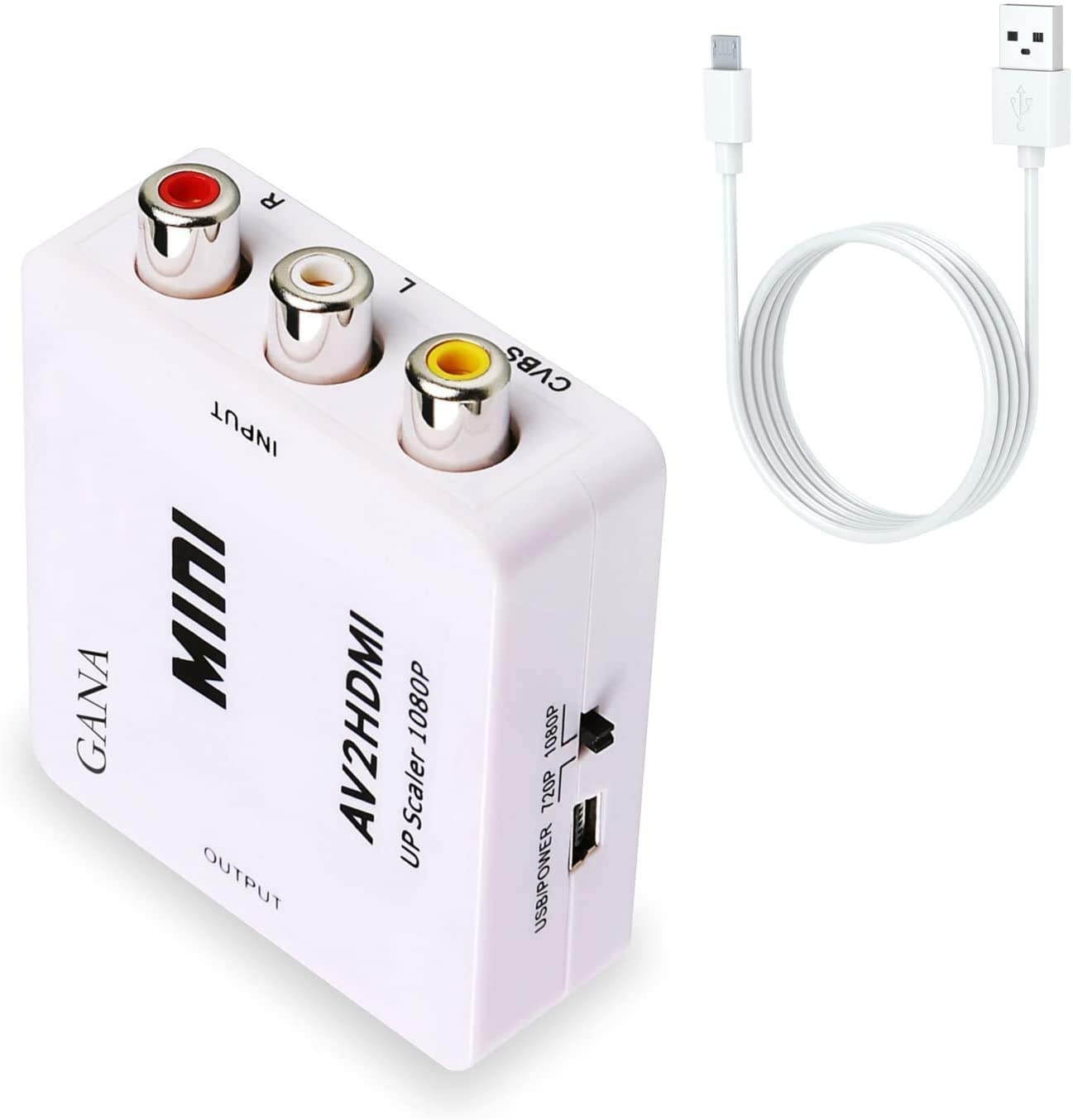 AV to HDMI GANA 1080P Mini RCA Composite CVBS AV to HDMI Video Audio Converter Adapter Supporting PAL/NTSC with USB Charge Cable for PC Laptop Xbox PS4 PS3 TV STB VHS VCR Camera DVD